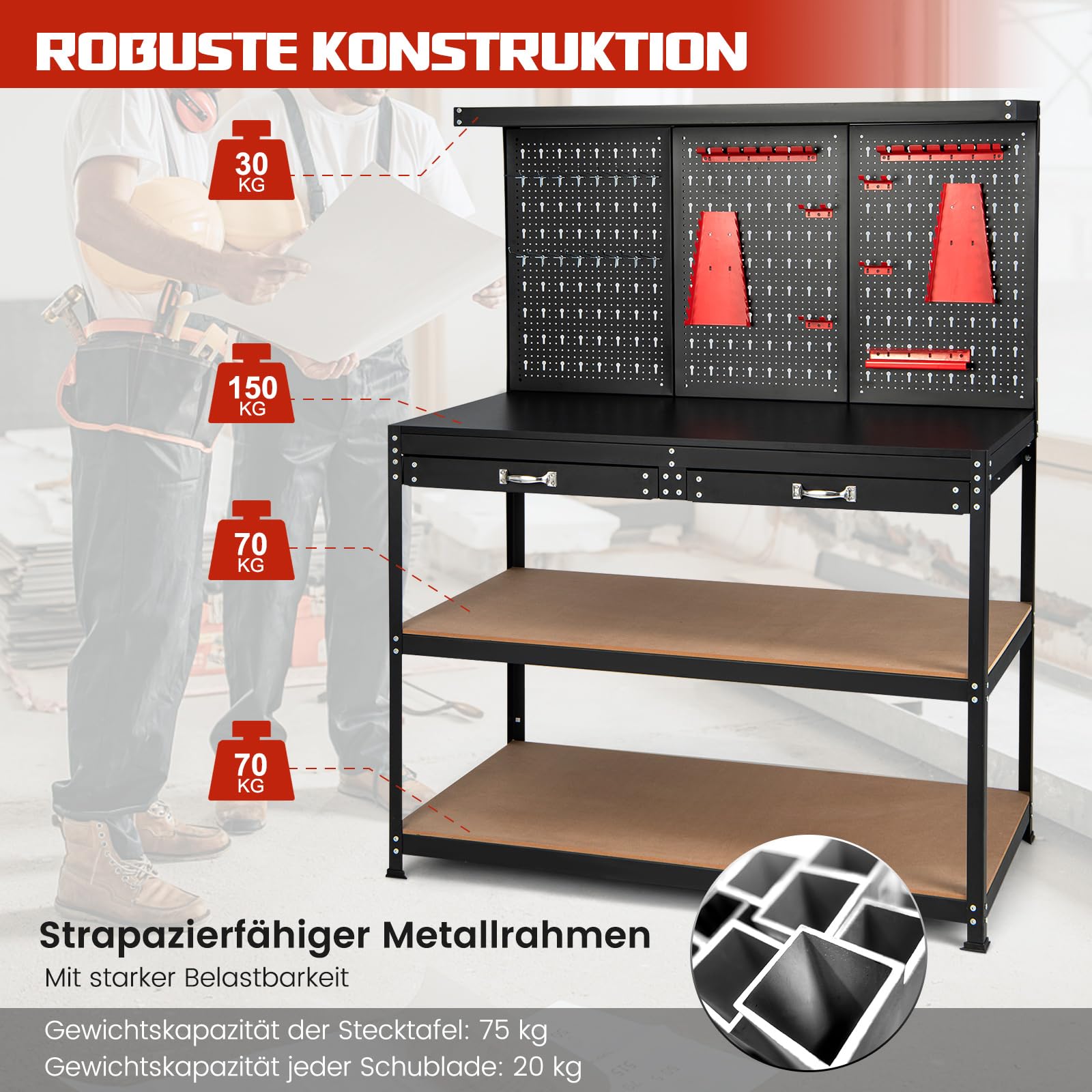 COSTWAY Werkbank, Werkzeugbank mit Lochwand, Werktisch mit Schublade, große Arbeitsplatte & 3 Ablagen, inkl. 13 Zubehörteile zum Aufhängen, Arbeitstisch für Garage und Werkstatt (121 x 61 x 156 cm)