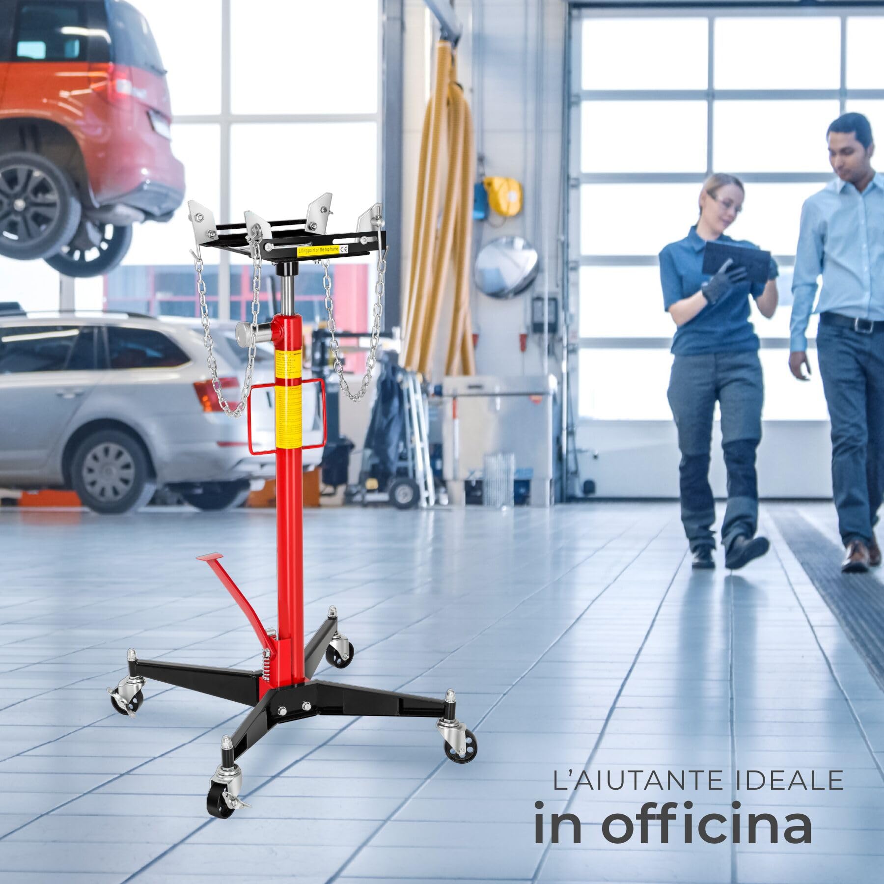 tectake® Sollevatore Idraulico per Motore, Sollevatore Cambio Auto, Carrello Officina Idraulico, Martinetto da Fossa, Supporto Regolabile, Ruote con Freno, Utensile Officina, 500 Kg, 38 Kg - Rosso