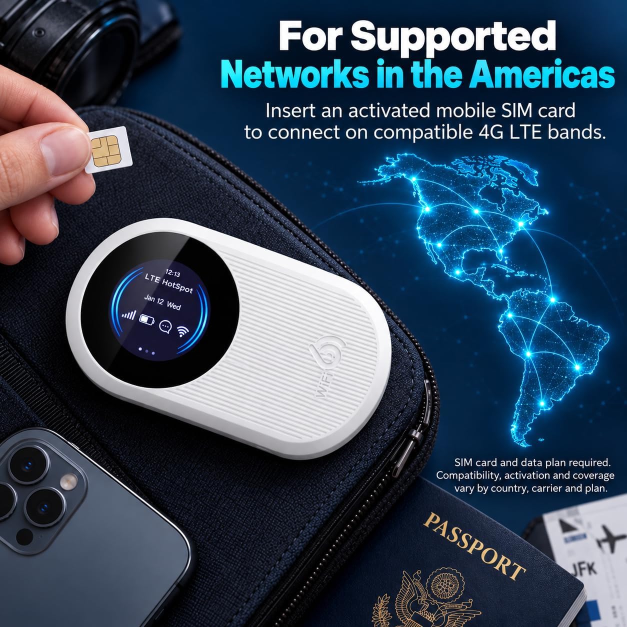 Unlocked 4G LTE Portable WiFi Hotspot for Travel, WiFi 6 Mobile Hotspot with SIM Card Slot, 2.4GHz/5GHz Dual Band, 300Mbps Link Rate, 3000mAh, Connects 12 Devices, for the Americas