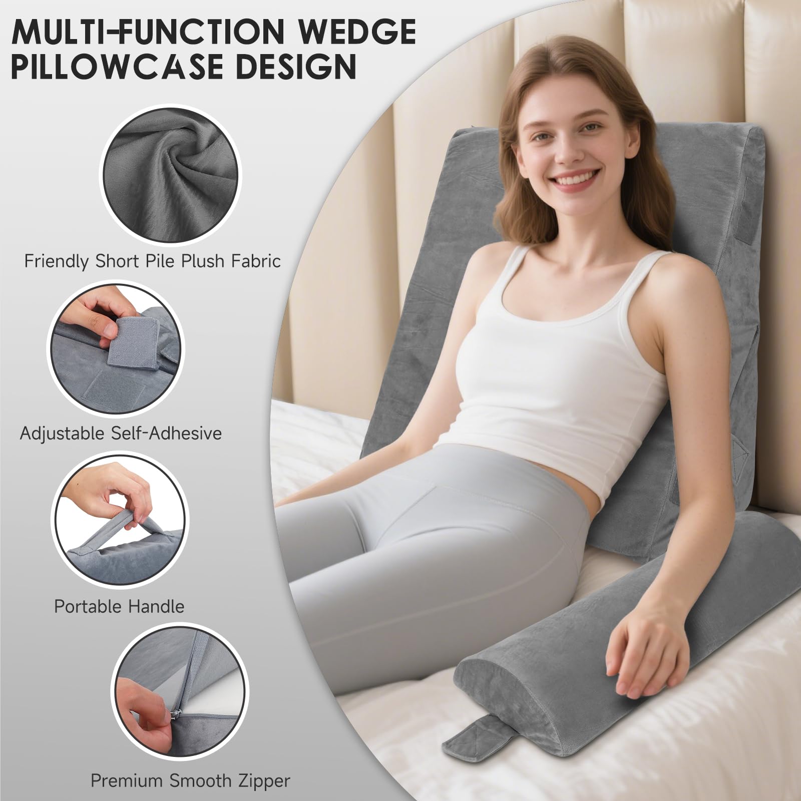 Lot de 3 coussins en forme de cale réglables avec surface en mousse à mémoire de forme pour le lit, coussin de dossier triangulaire avec soutien dorsal pour se lever 56 × 56 × 26 cm