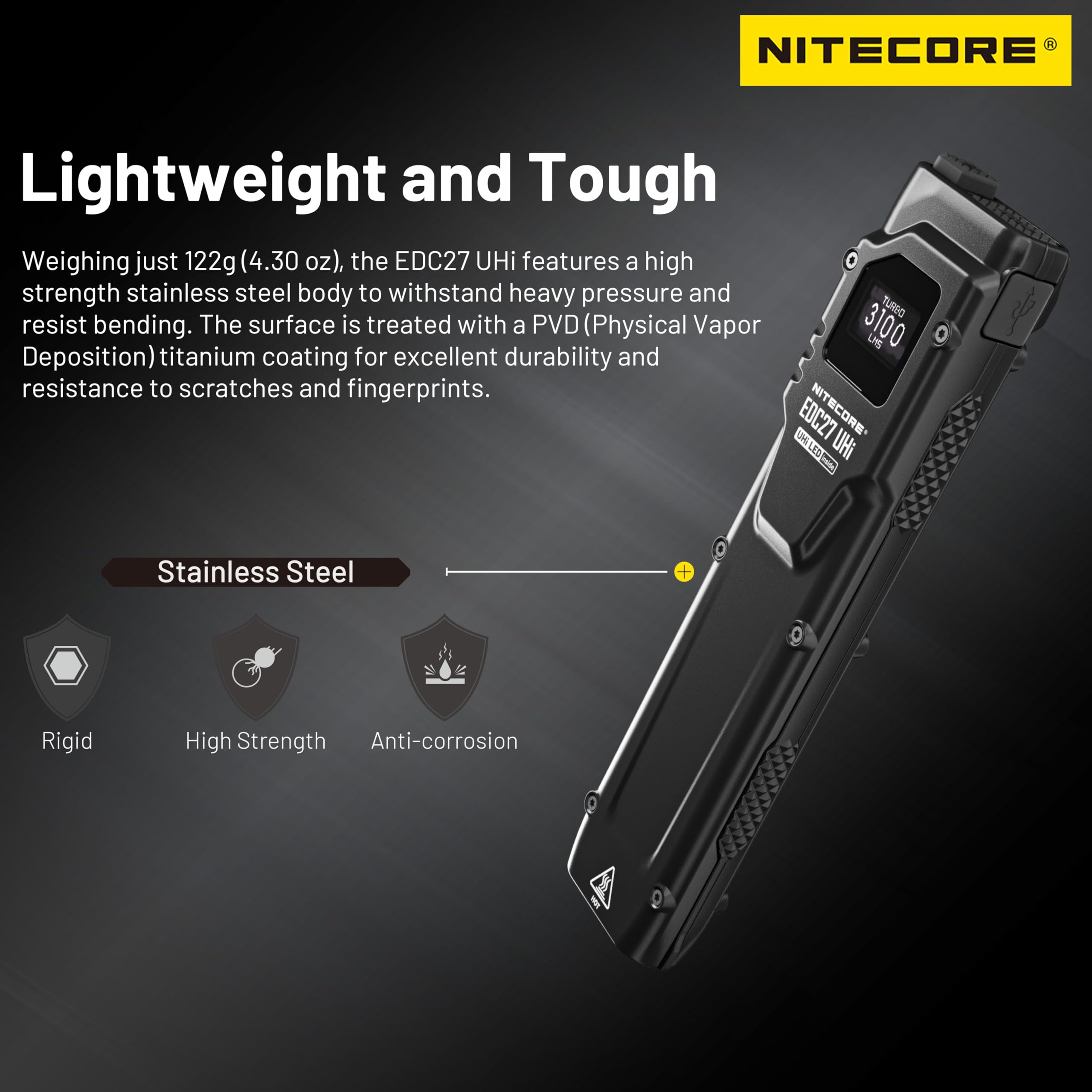 NITECORE EDC27 UHi 3100 Lumen Lampe torche EDC ultra fine haute performance avec porte-clés rétractable, Noir