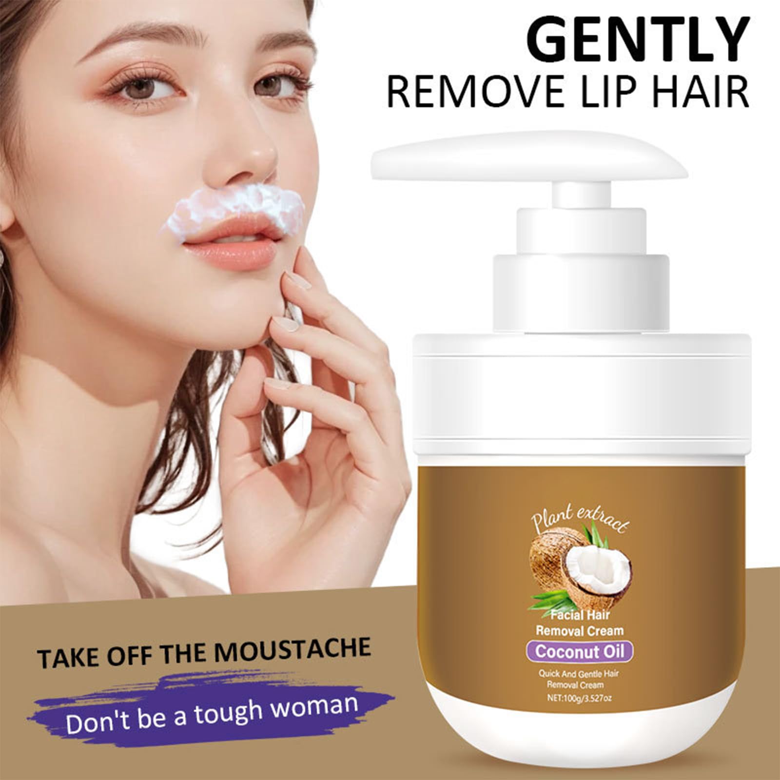 Crema depilatoria facial, crema depiladora de coco para labio superior y mentón para mujeres, removedor de vello facial para piel sensible, suave y no irritante, 3.52 onzas líquidas 4