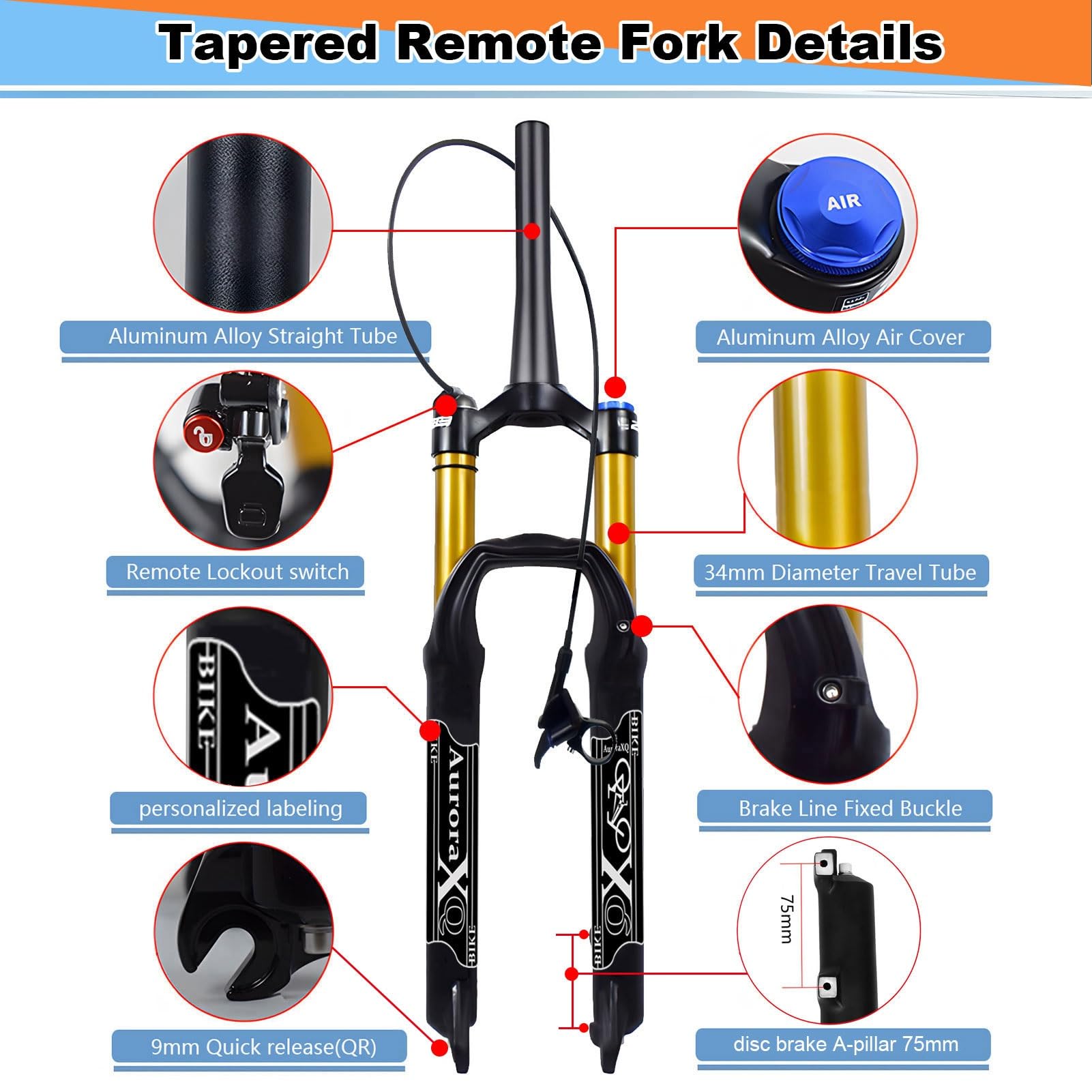 Forcella Anteriore per Mountain Bike AuroraXQ 26 27.5 29 Pollici in Lega di magnesio, Escursione 140 mm, con Freno a Disco Dritto/Conico.