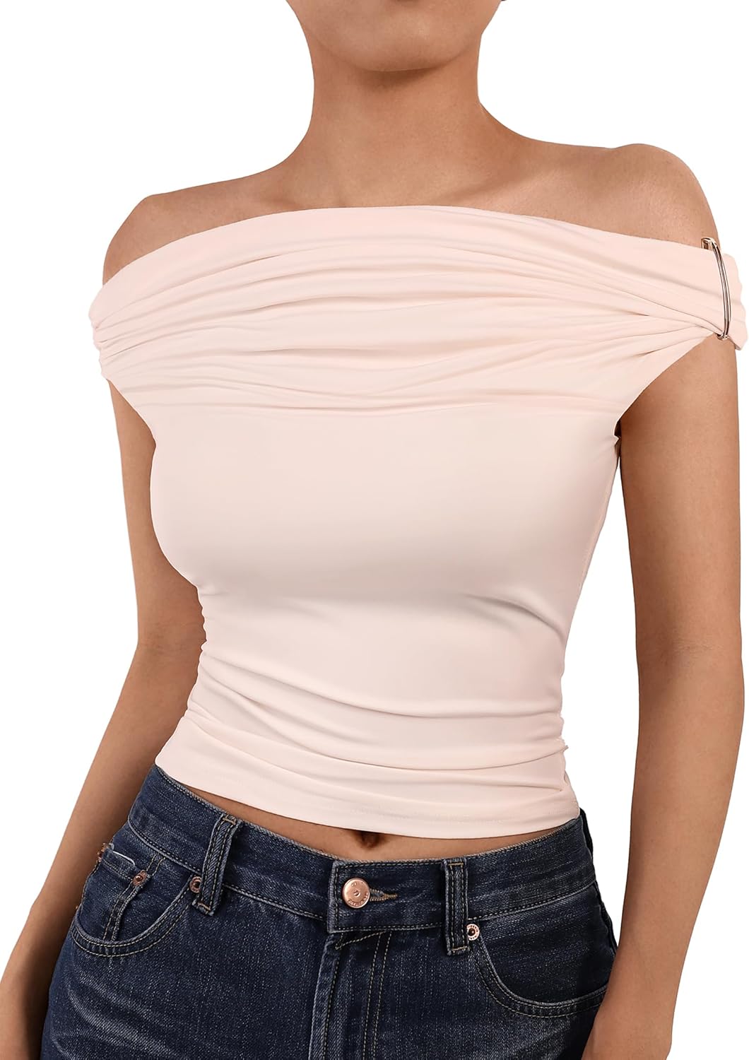 Remidoo Women Ruched Off The Shoulder Crop Top Short Sleeve Shirt Sexy Slim Fitted Tops