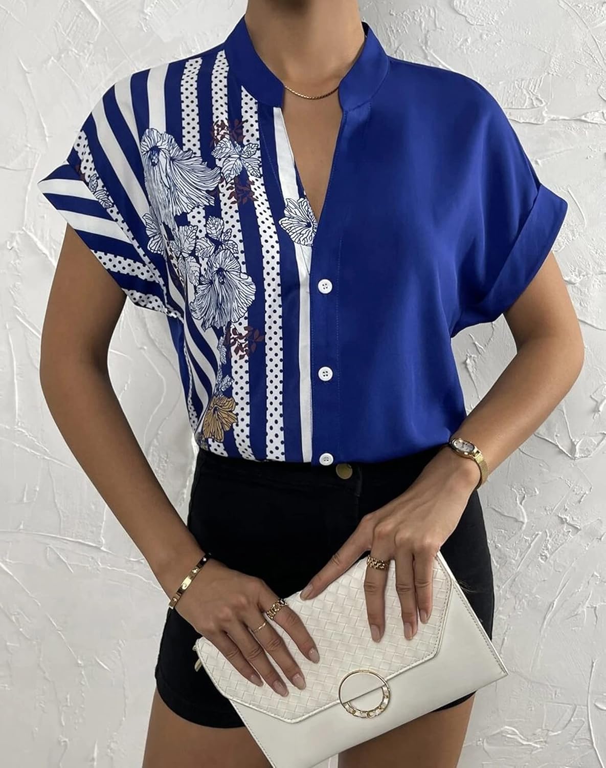 Pantete Womens Patchwork Button Down Shirt V Neck Short Sleeve Striped Blouse Tops - Image 4