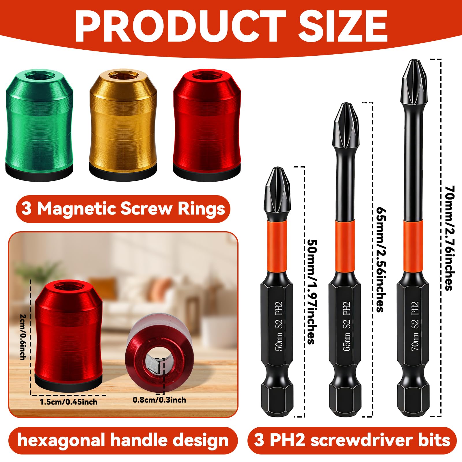 Set di 6 robusti anelli magnetici a vite con set di punte per cacciavite PH2, design antiscivolo, anello magnetico per cacciavite esagonale e punte elettriche, strumento domestico rimovibile per