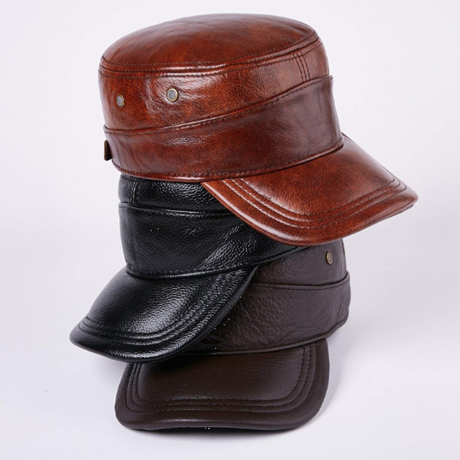 Sombrero Tapa de Cuero Cuero Tapa Plana Gorra Caer Cálido Mantenimiento de la Protección Contra el Oído 2020 Nuevo, Mejor Comodidad/Red Brown/L