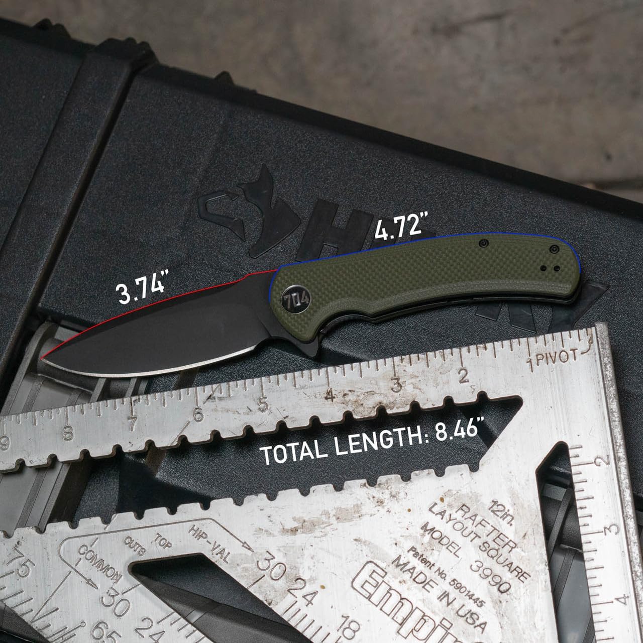 704 Gear Urban Ranger EDC Folding Pocket Knife | Full Size 3.74" Blade, Damascus Steel, G10 Handle, Reversible Pocket Clip | Black with Damascus Steel