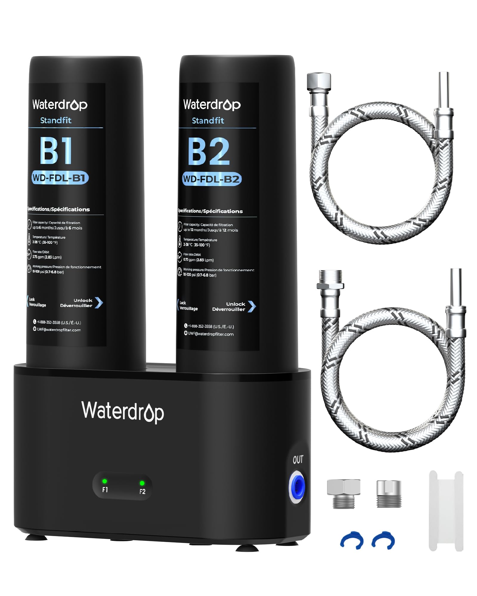 Waterdrop DLA Filtro Acqua Sotto Lavello, Senza Foratura, Riduce Cloro, PFAS, Sapore/Odore, Indicatore Durata Filtro, 2 Stadi, Facile Installazione