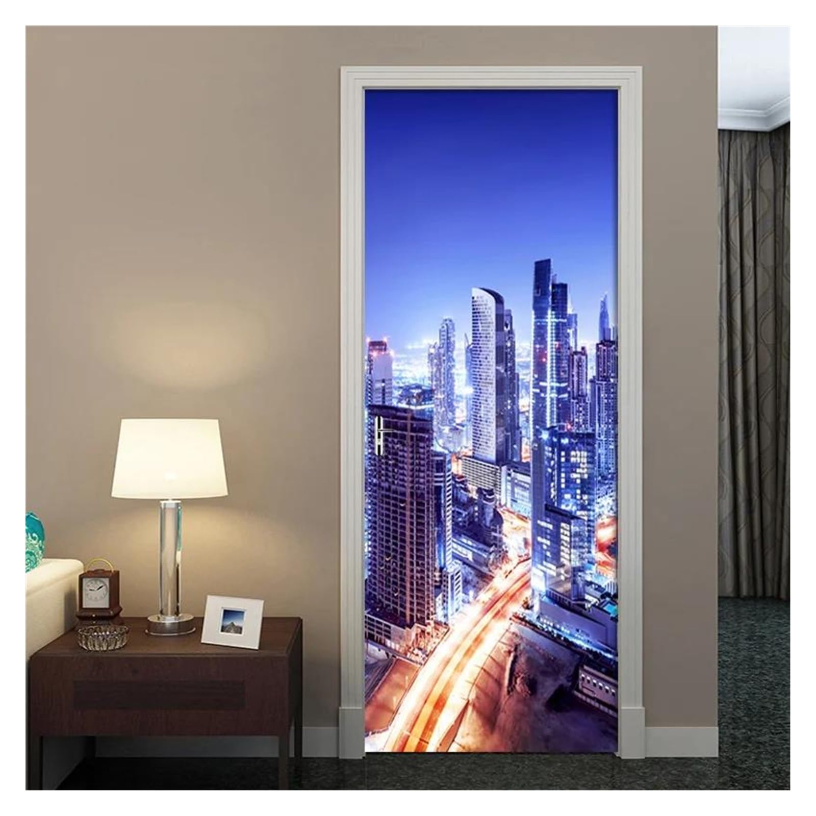 Sticker autocollants muraux 3D pour porte belle ville vue nocturne 95x215