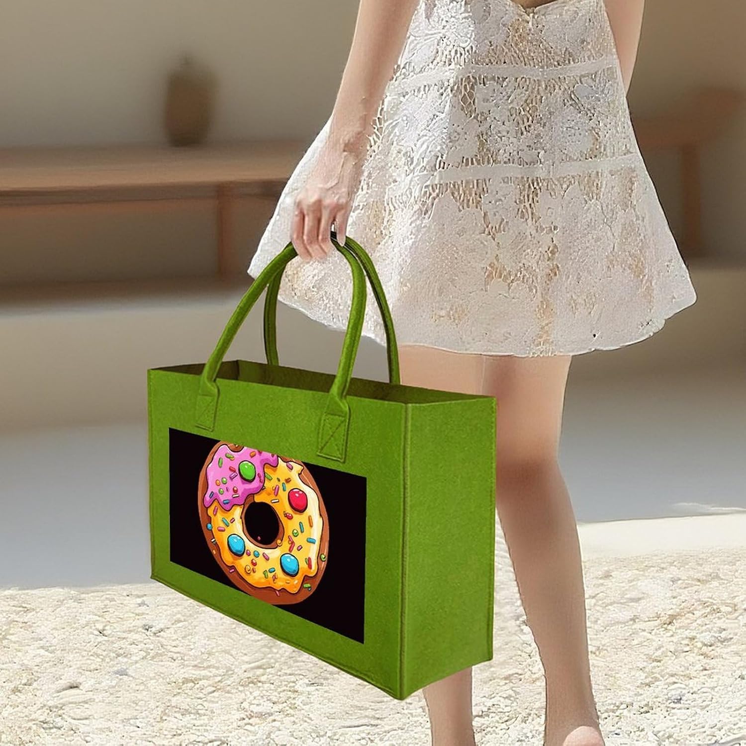 Donut Tote Bag for Unisex, Large Felt Shopping Bag with Handles, Handbag, Reusable Gift Bag