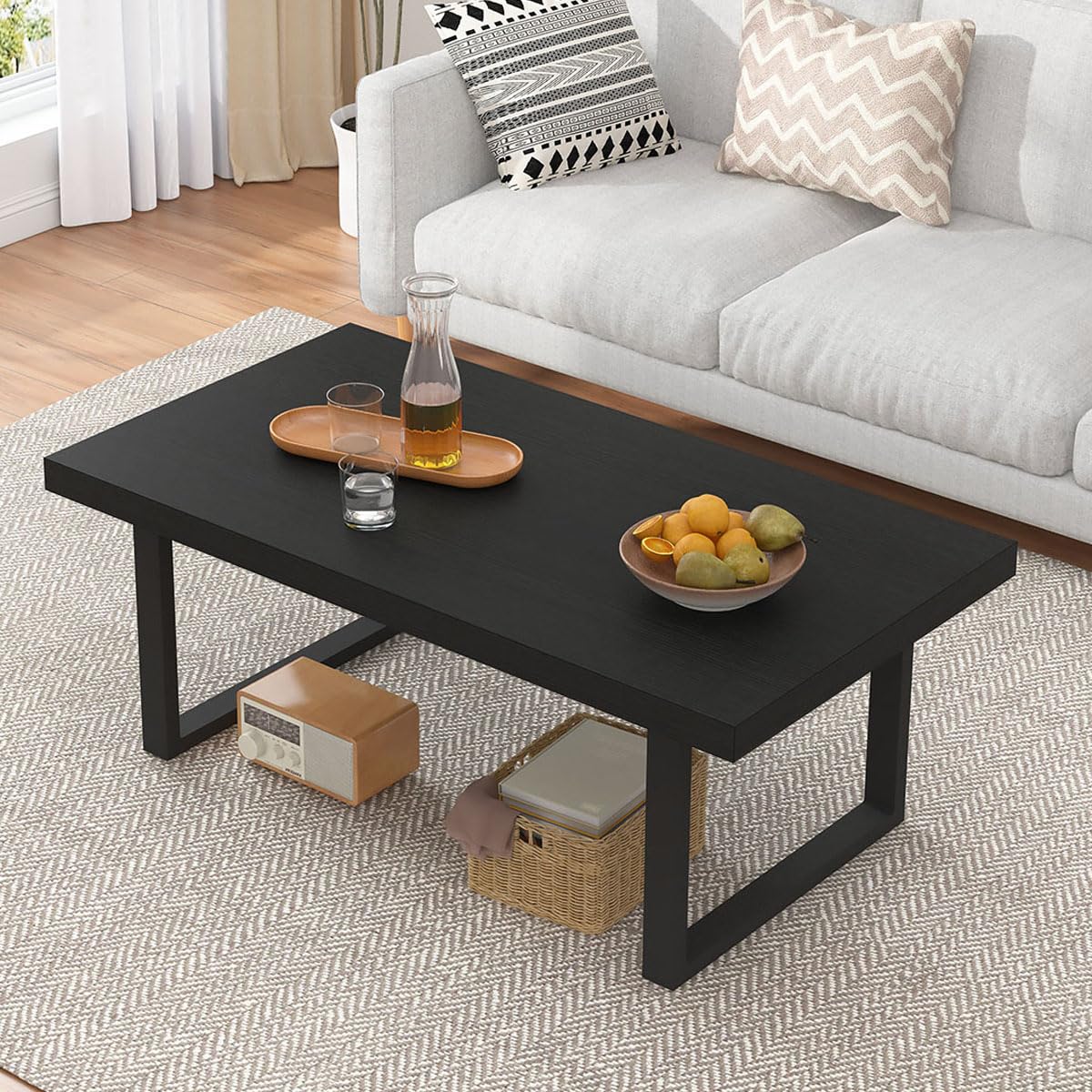 IBF Couchtisch Schwarzer Minimalistischer Industrieller Holz Mitteltisch Moderner Schlichter Rechteckiger Wohnzimmertisch Holz Metall Cocktail Couchtisch für Wohnzimmer Arbeitszimmer Küchen