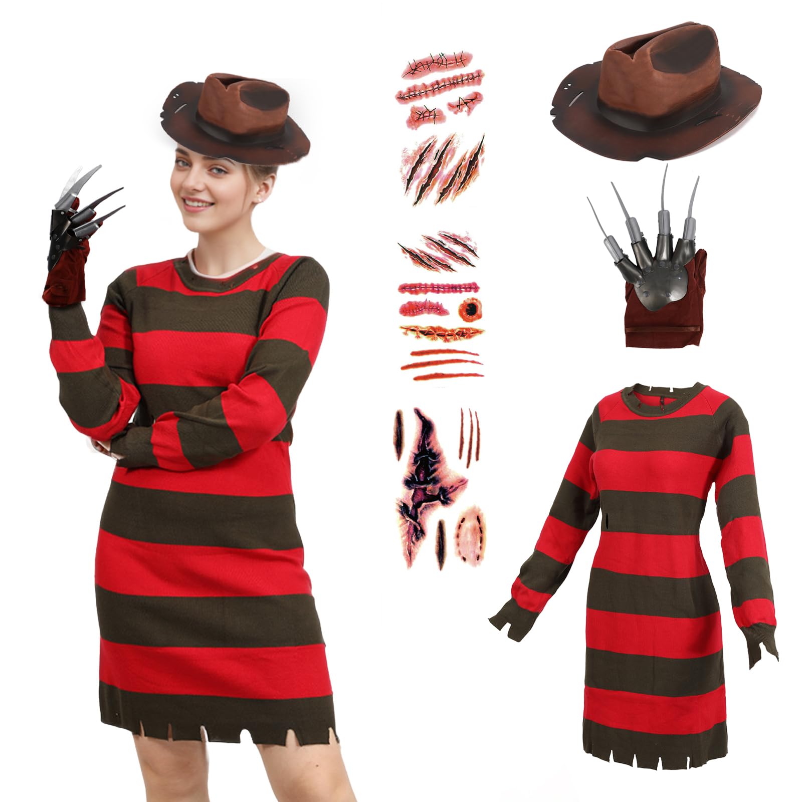 nezababy Freddy Costume Women Green And Red Striped Sweater Hat Gloves Sticker Horror Movie Halloween Nightmare Killer Cosplay Outfit (Red, S)