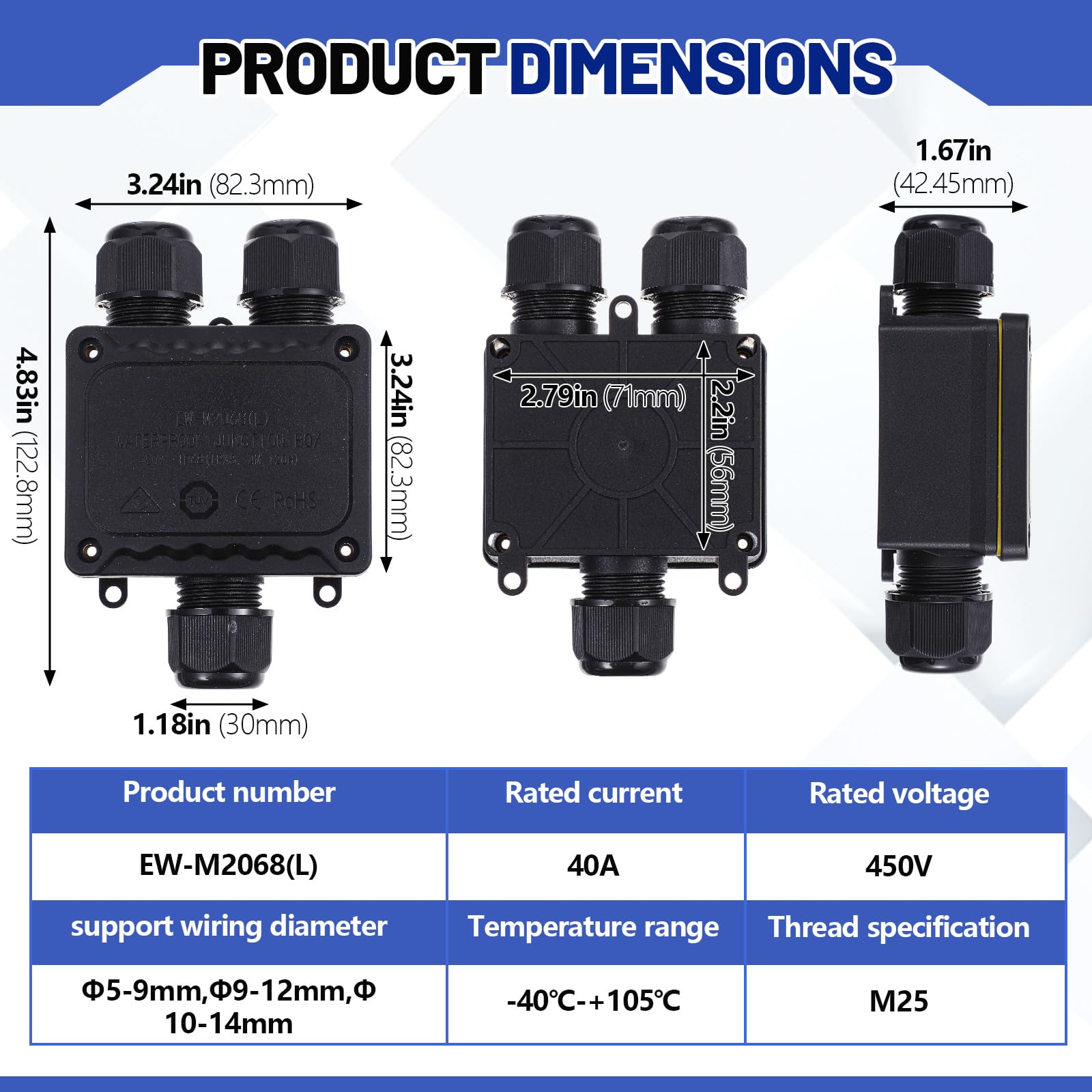 4 scatole di giunzione impermeabili IP68 per esterni a 3 vie linea M25 filo di plastica scatola di giunzione elettrica esterna connettore per cavo diametro φ 5-9 mm, φ 9-12 mm, φ 10-14 mm