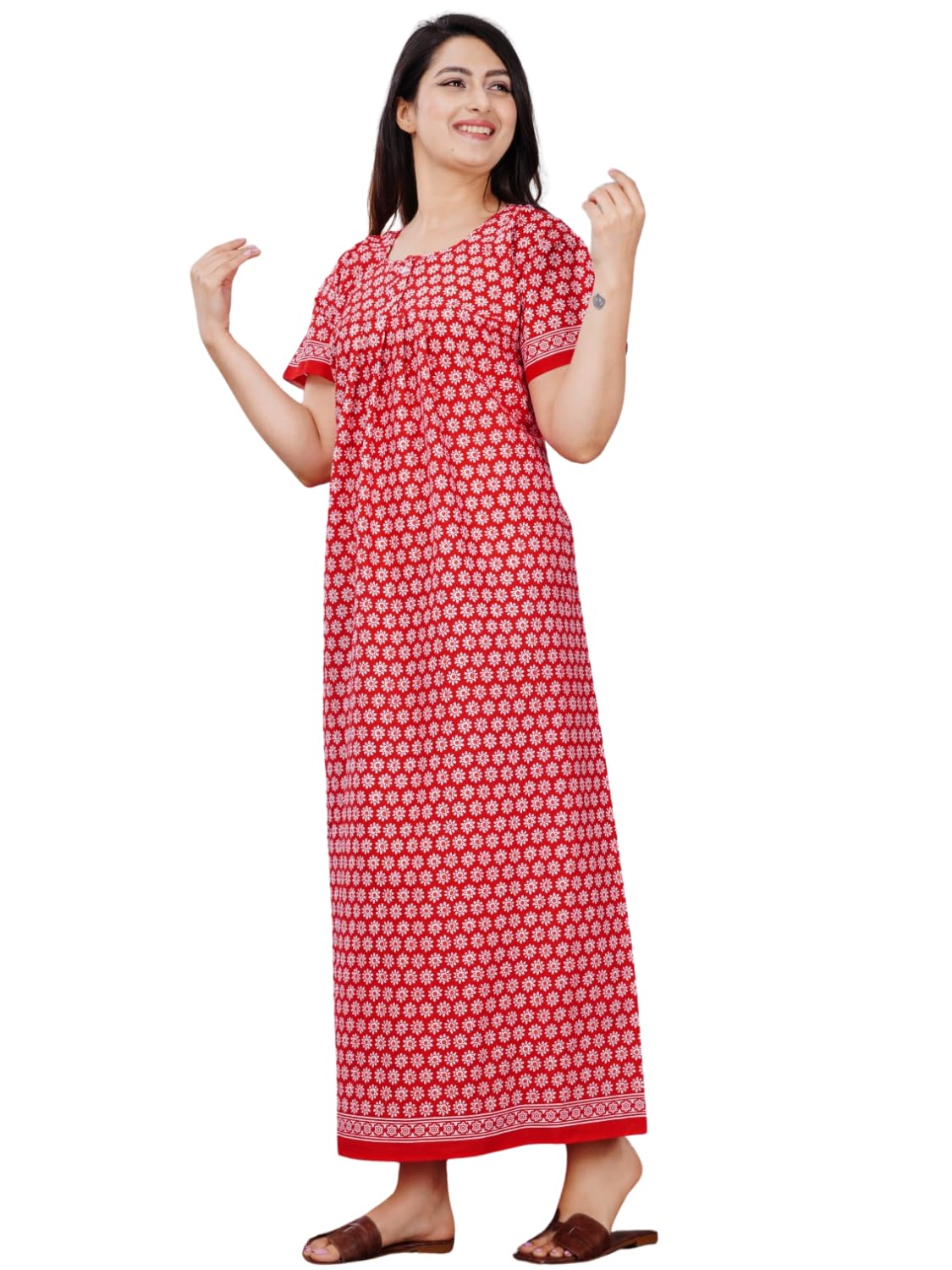 Women Cotton Nighty Printed Maxi Night Gown Soft Breathable Lounge Sleepwear House Dress Round Neck Short Sleeve Long Night Dress-image-24