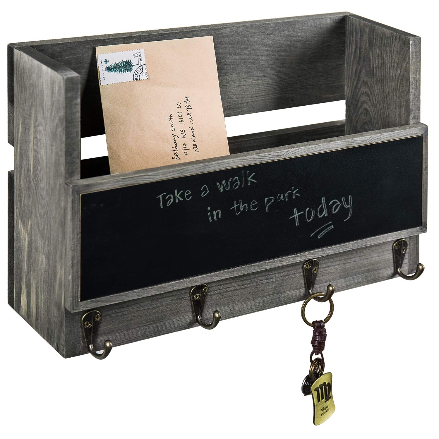 MyGift Vintage Gray Wood Wall Mounted Mail Holder with Chalkboard & Key Hooks
