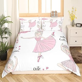 Erosebridal Ballet Princess Bedding Sets Twin 2 Piece Ballet Dancer Girls Comforter Cover Cute Kawaii Duvet Cover Cartoon Style Quilt Cover for Kids Teens Women Decorative Girly Home Decor,White Pink