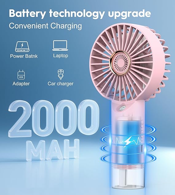Portable Personal Misting Fan, Handheld Rechargeable Cooling Fan, 3-Speed, Suitable for Travel, Beach and Office Use Pink