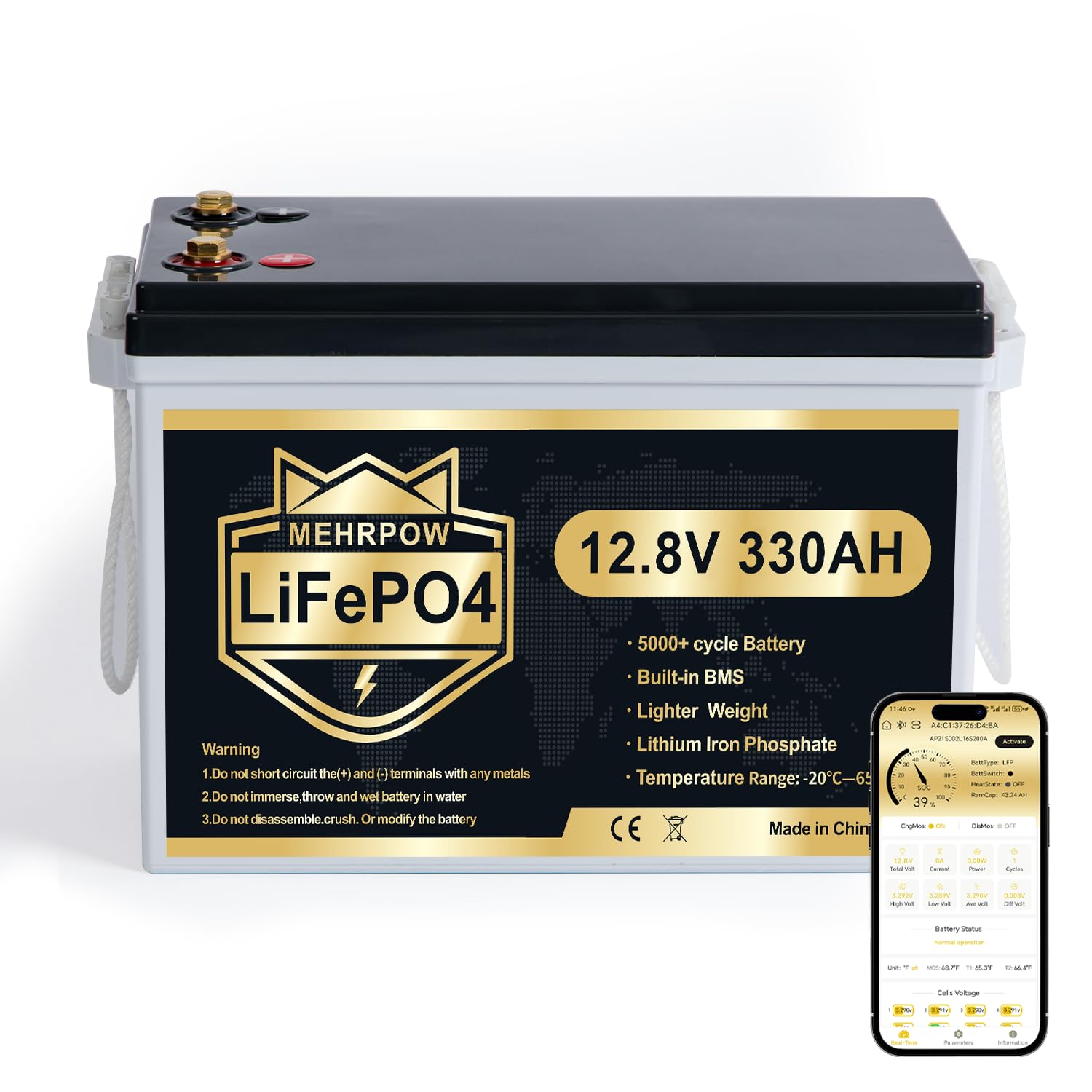 12V 330Ah LiFePO4 Lithium Batterie Bluetooth, 200A BMS Akku, 15000 Zyklen, 4224Wh Energie, Low Temp Cut Off Schutz, Deep Cycle, Mini, Wohnmobil RV Solar Trolling Motor