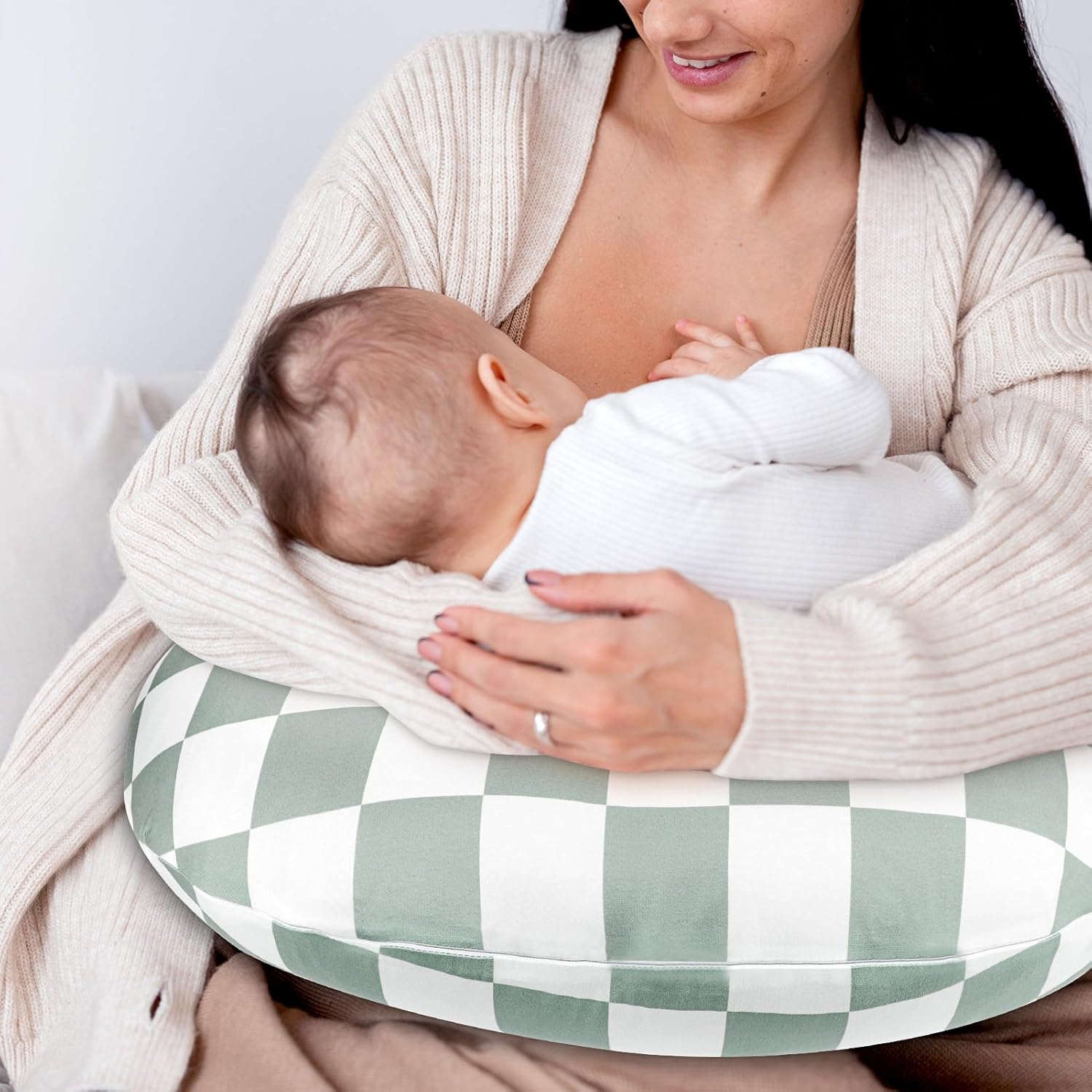 DILIMI Nursing Pillow Cover, Stretchy Removable Case for Breastfeeding Pillows, Ultra Soft Comfortable Slipcover for Baby Girl and Boy, Checkerboard Grid Green Checkered image 5 of 7 B0CKXNJVR2