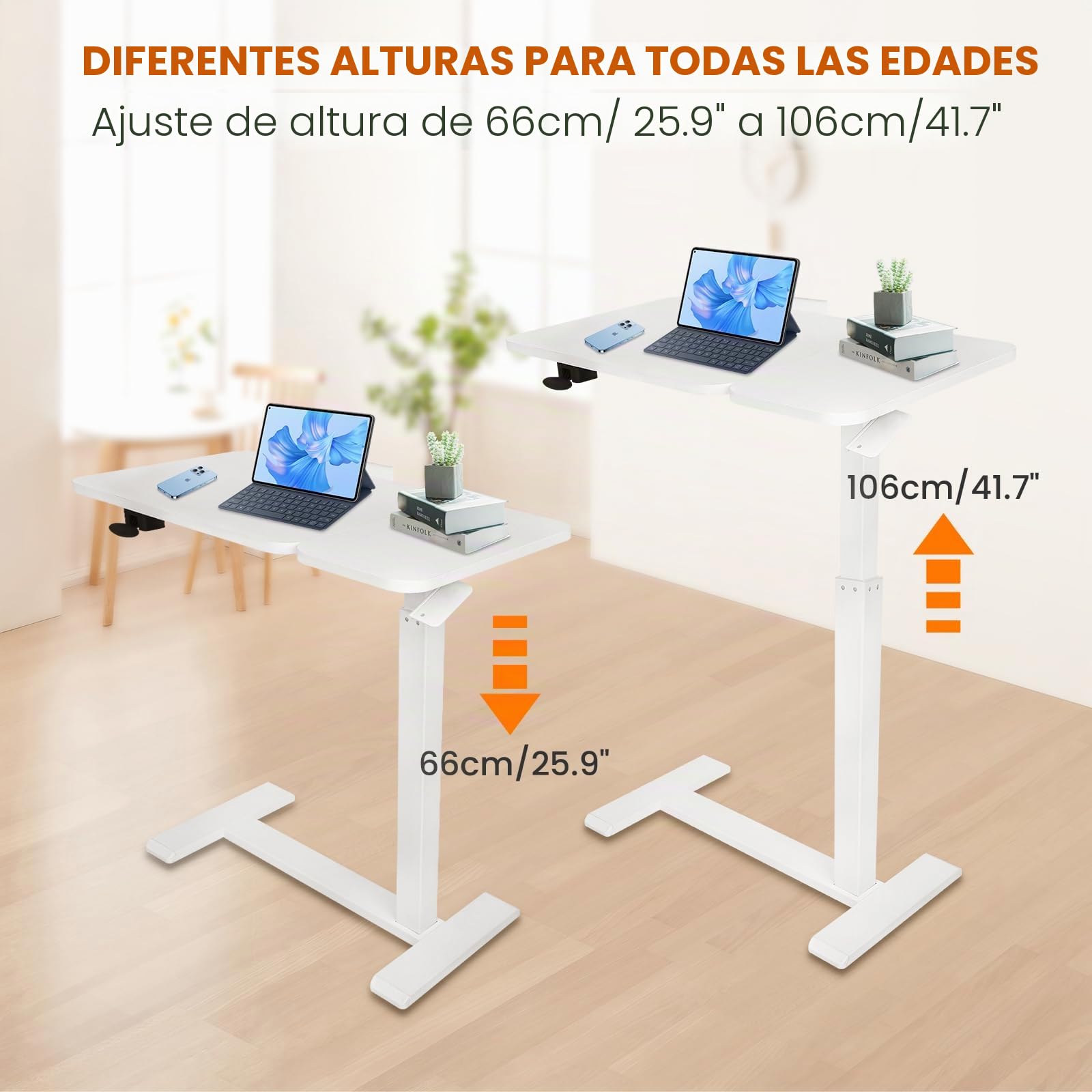 Mesa de Cama neumática Ajustable con Ruedas, Parte Superior Dividida, Mesa de Noche reclinable con Bandeja rodante para Ordenador portátil, Ordenador portátil, Altura 66-106 cm