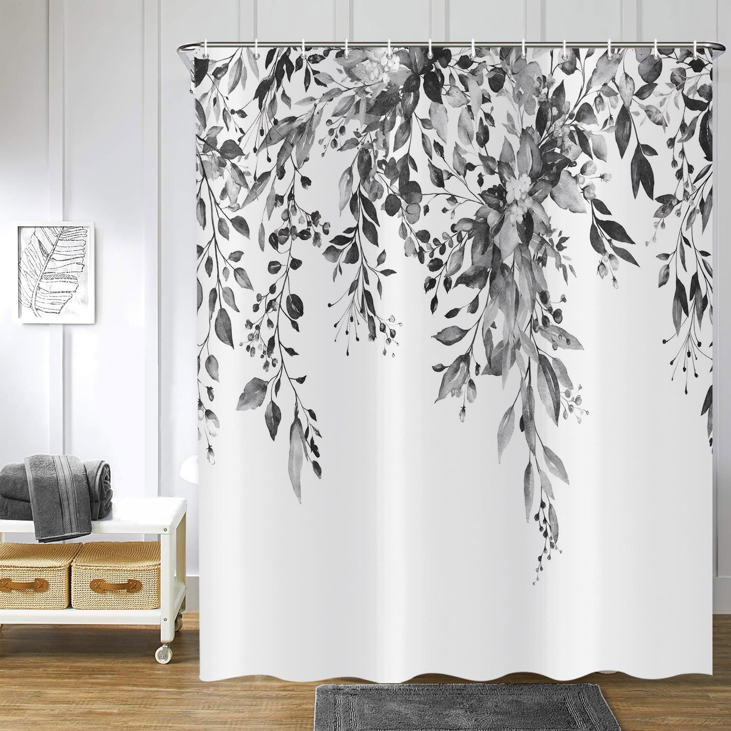 ASDCXZ Black Eucalyptus Shower Curtain 165x180 cm, Spring Watercolor Eucalyptus Leaves Floral Plants Waterproof Bath Curtain Polyester Textile Washable Shower Curtains for Bathtub with 12 Hooks