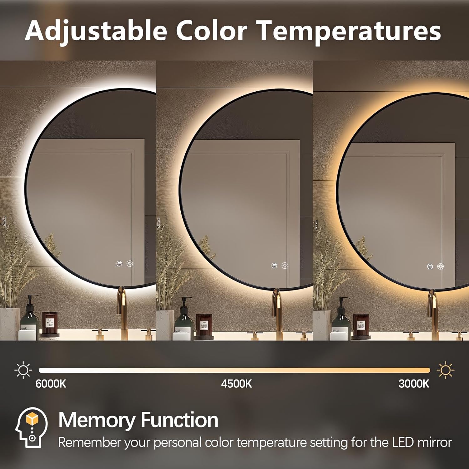 Niccy 24" Round LED Bathroom Backlit Mirror with Lights, Black Frame Lighted Bathroom Vanity Mirrors for Wall Circle Mirror with Anti-Fog, Light Up Mirrors 3 Color ShatterProof Black 24"L x 24"W