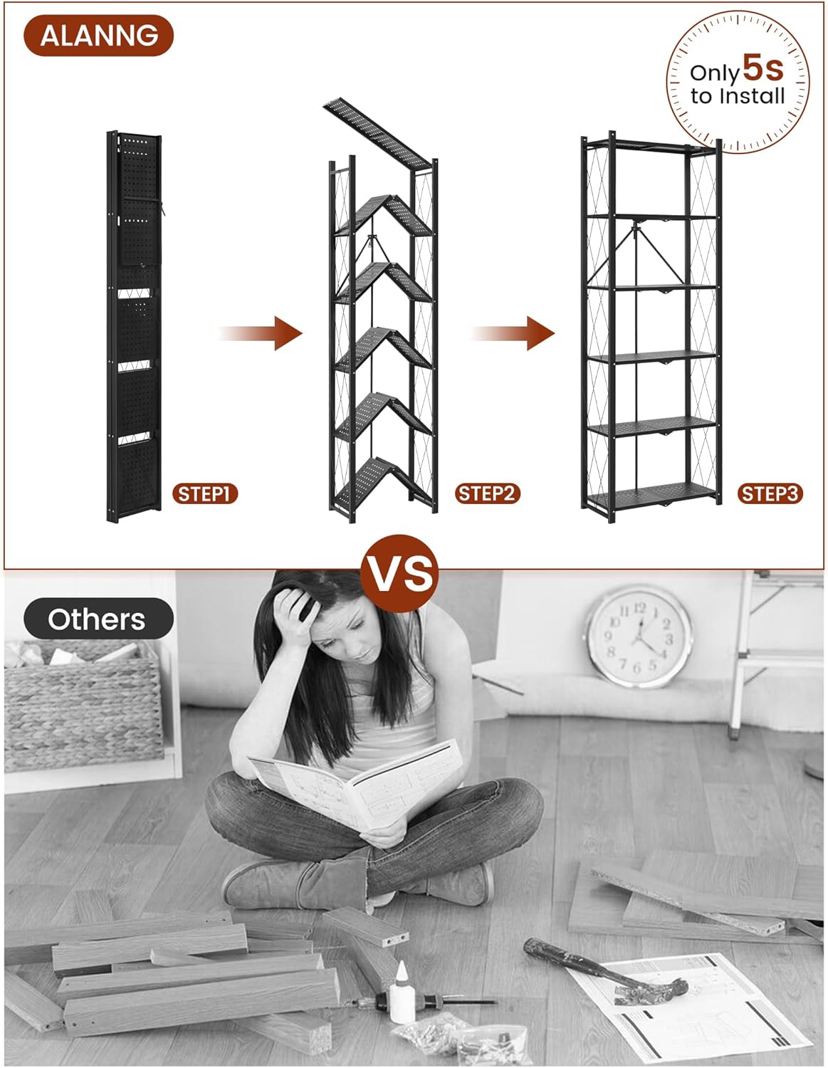 ALANNG 73.6 Inch Folding Bookshelf, 6 Tier Metal Bookcase and Bookshelves, Tall Shelves for Living Room Office Bedroom, Heavy Duty Book Shelve Free Standing Open (Black, 1PACK) - Image 4