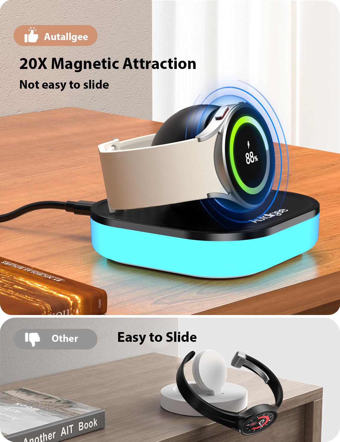 Supporto di ricarica per Samsung Galaxy Watch, dock di ricarica magnetico con luce e cavo USB per orologio 8/8 Classic/Ultra (2025)/Ultra/7/6/6 Classic/5/5 Pro/4/4 Classic/3/Active/FE