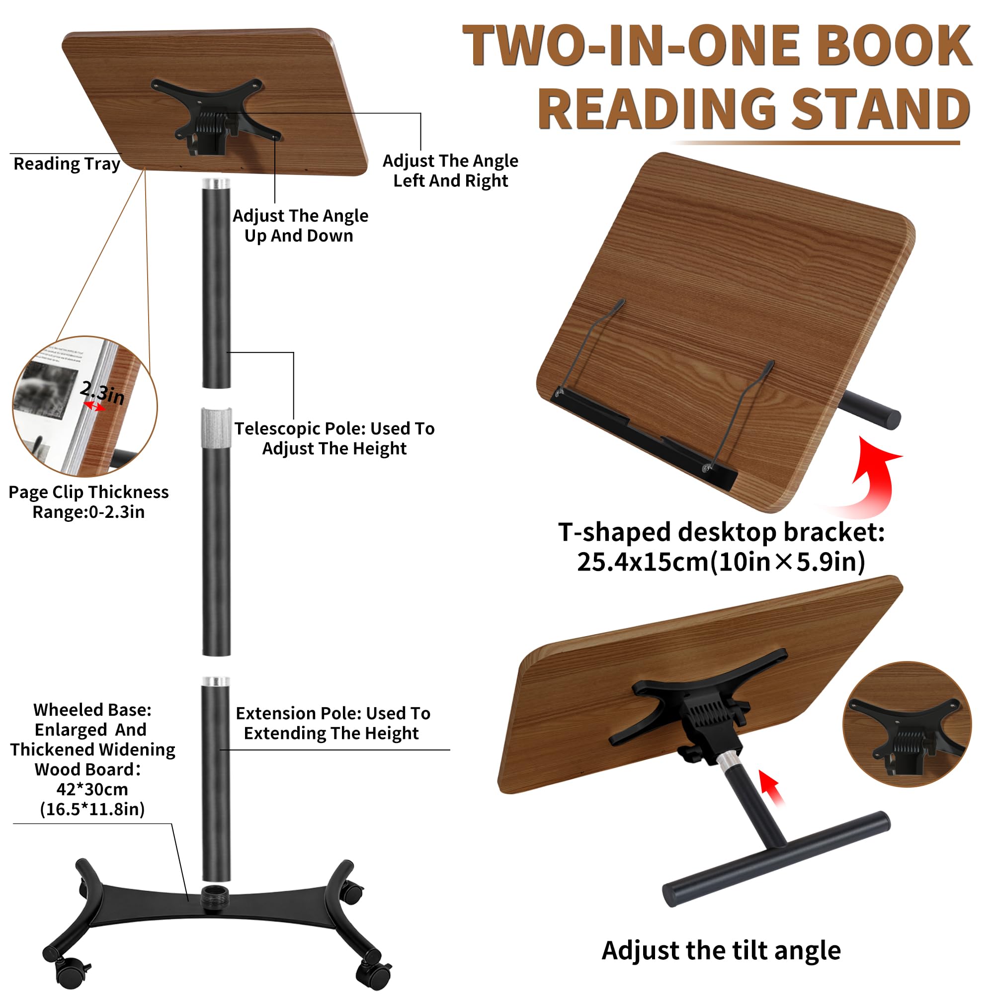 Supporto da lettura regolabile in altezza da 50 a 130 cm, supporto per laptop pieghevole a mani libere con ruote, lettura di libri in legno con graffette, scrivania portatile per tablet, libri, laptop