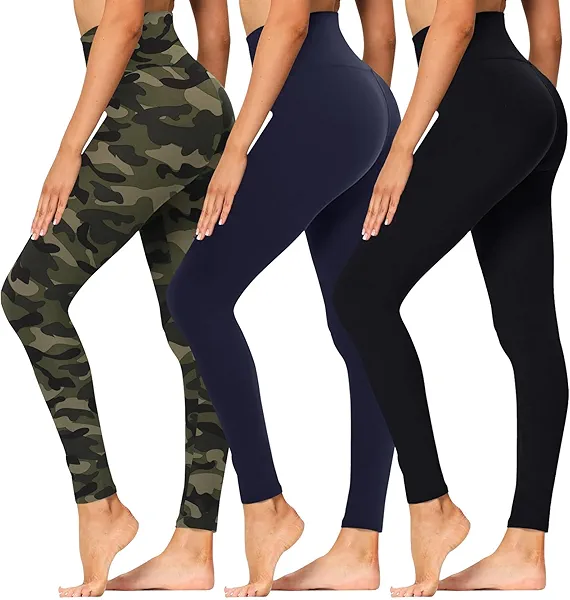 High Waisted Leggings for Women - Soft Athletic Tummy Control Yoga Pants for Cycling Dance Tights No Pockets Small-Medium 3 Pack Black, Navy Blue, Camouflage