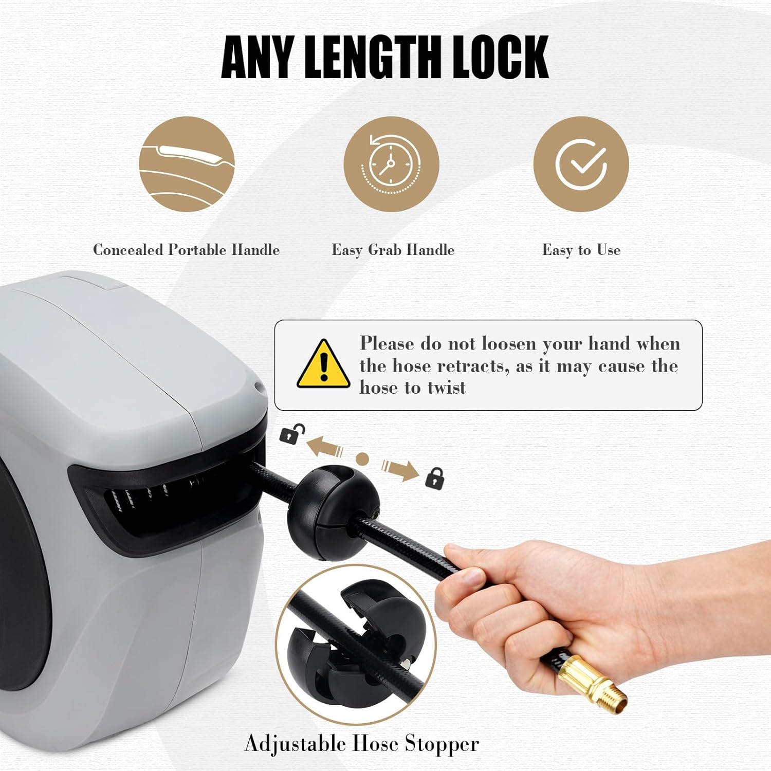 Air Hose Reel Retractable 3/8 in. x 50 ft Hybrid Polymer Hose, Retractable Auto-Rewind Enclosed Heavy Duty 180° Swivel Mount, Max 300PSI Commerical Polypropylene Grey - Image 4