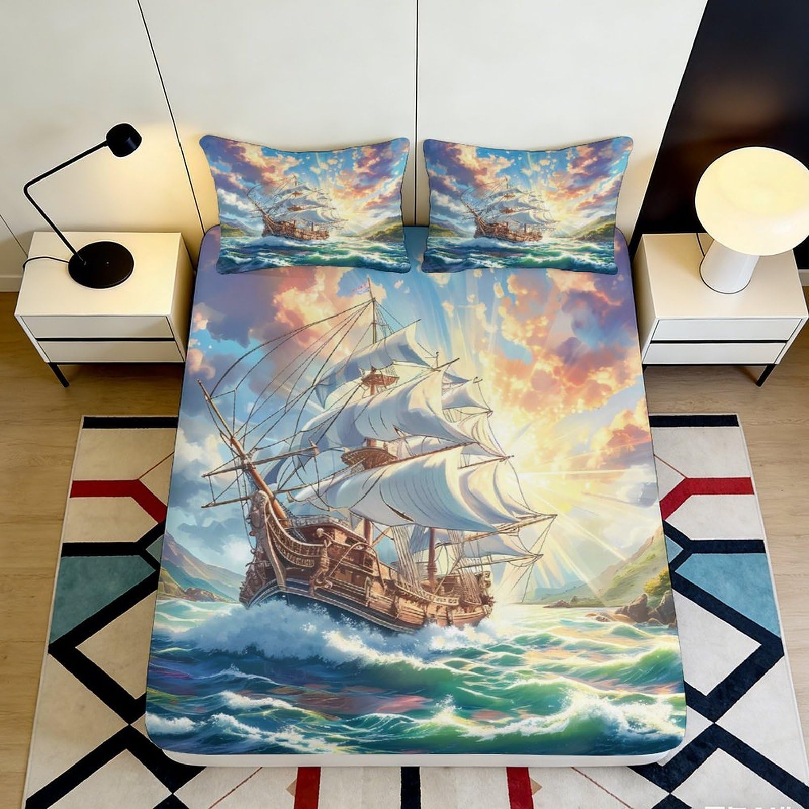 3D Printed Sailing Ship Fitted Sheet Microfiber Ocean Sunset Bed Cover for Bedroom Dorm Guest Room Mattress Protection Decor 180x200x25cm