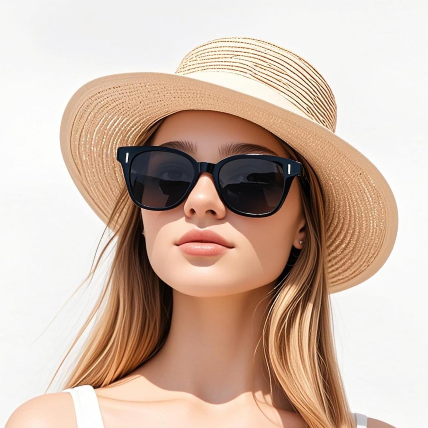 Sun Hats for Women Men Straw Beach Wide Brim Panama Foldable Hat Fedora Summer Roll Up UPF50+ +Sunglasses Khaki-Beige Ribbon - Image 5