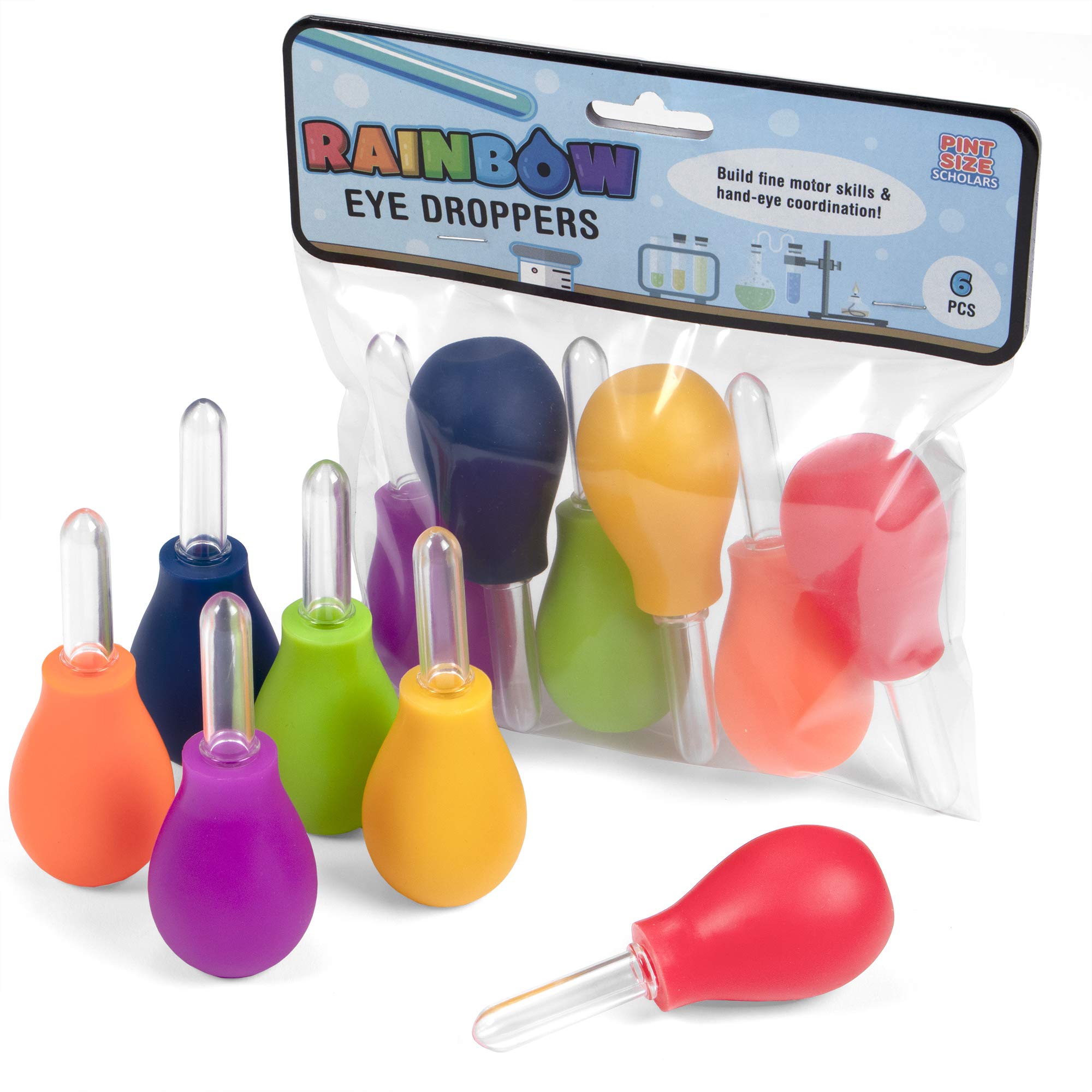 Pint-Size Scholars Rainbow Eye Droppers - Set of 6 Plastic Pipettes Educational Toy for Toddlers - Great as a Science Learning Tool, Kitchen Helping Accessory, and for Other Home Activities