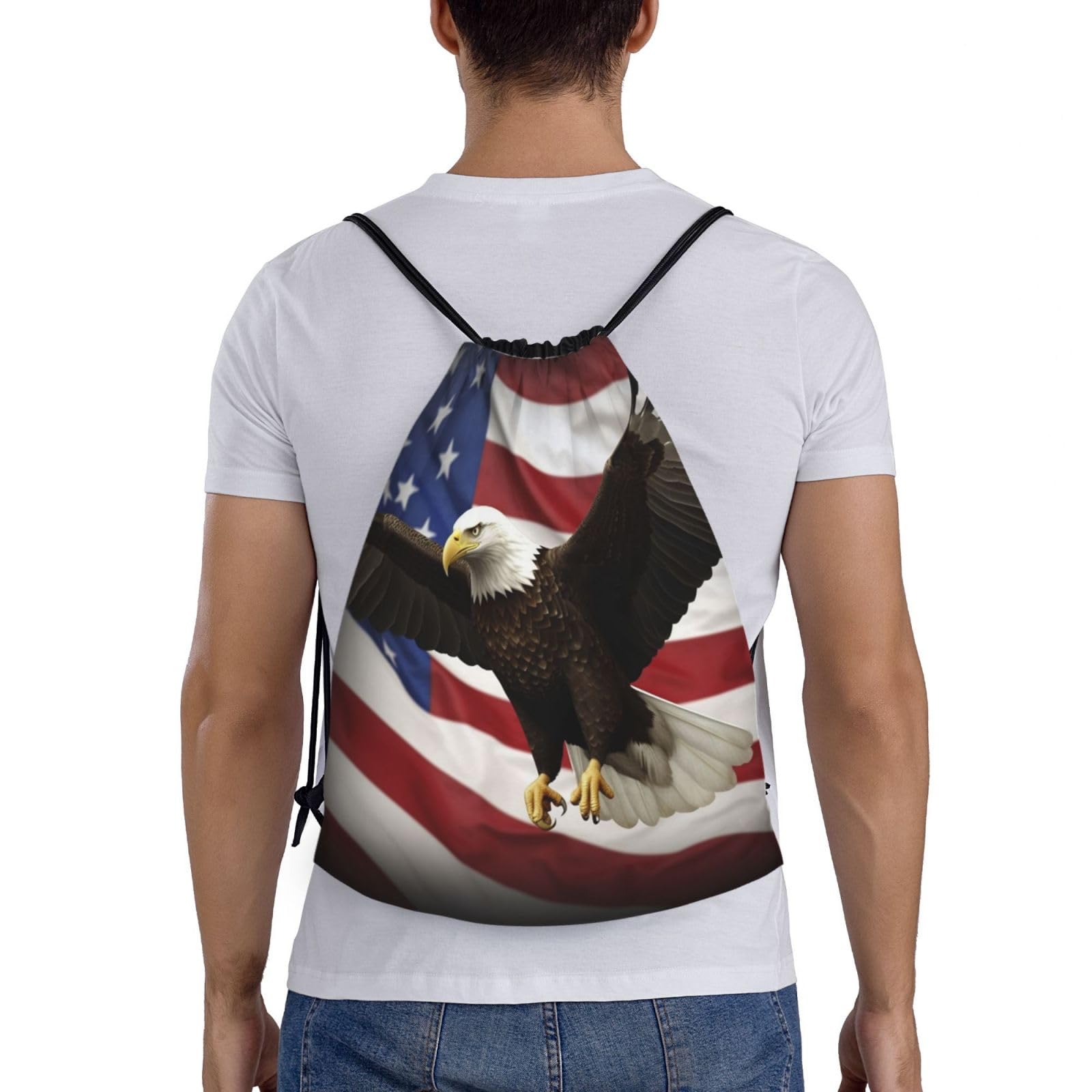 AdaNti American Flag Fly Eagle print Drawstring Bag Waterproof Portable Backpack Traveling Sackpack For Gym Shopping Sport Medium