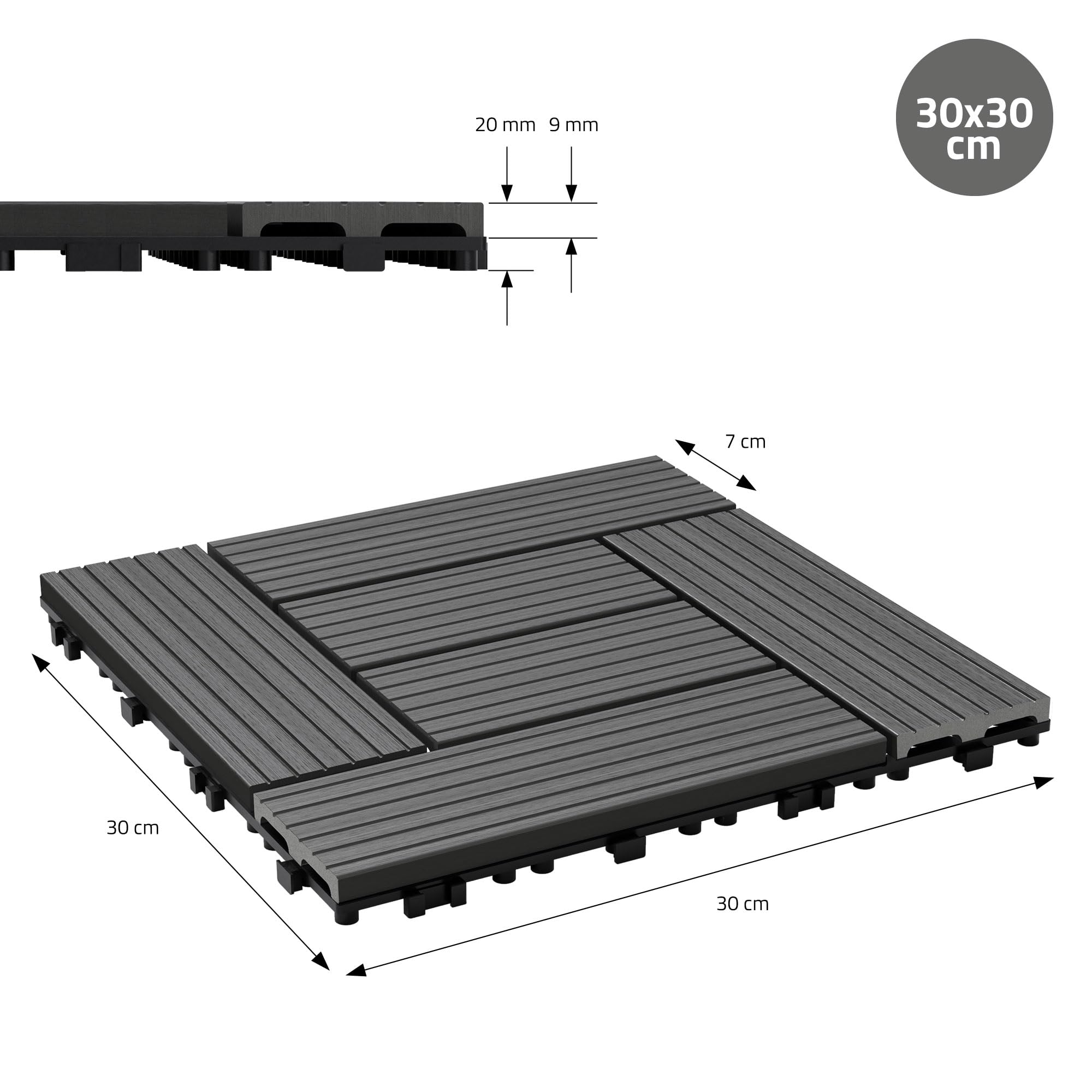 ECD Germany Dalles Terrasse Clipsables WPC 30x30 cm/11 pièces=1m² Anthracite Mosaïque Aspect Bois Carreaux avec Système à Clic et Drainage Revêtement de Sol Carrelage Lames Patio Jardin Extérieur