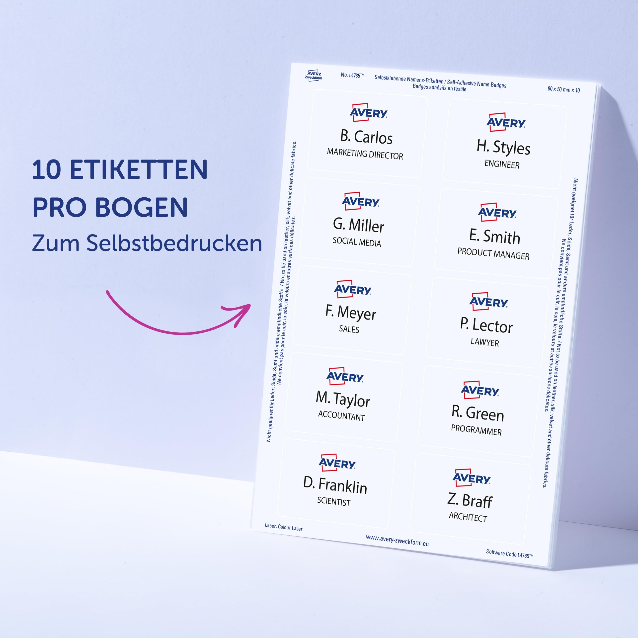 AVERY Zweckform L4785-20 Namensetiketten (200 Namensaufkleber, 80x50mm auf A4, selbstklebend, bedruckbare Textiletiketten aus Acetatseide für Laserdrucker, rückstandsfrei ablösbar) 20 Blatt, weiß