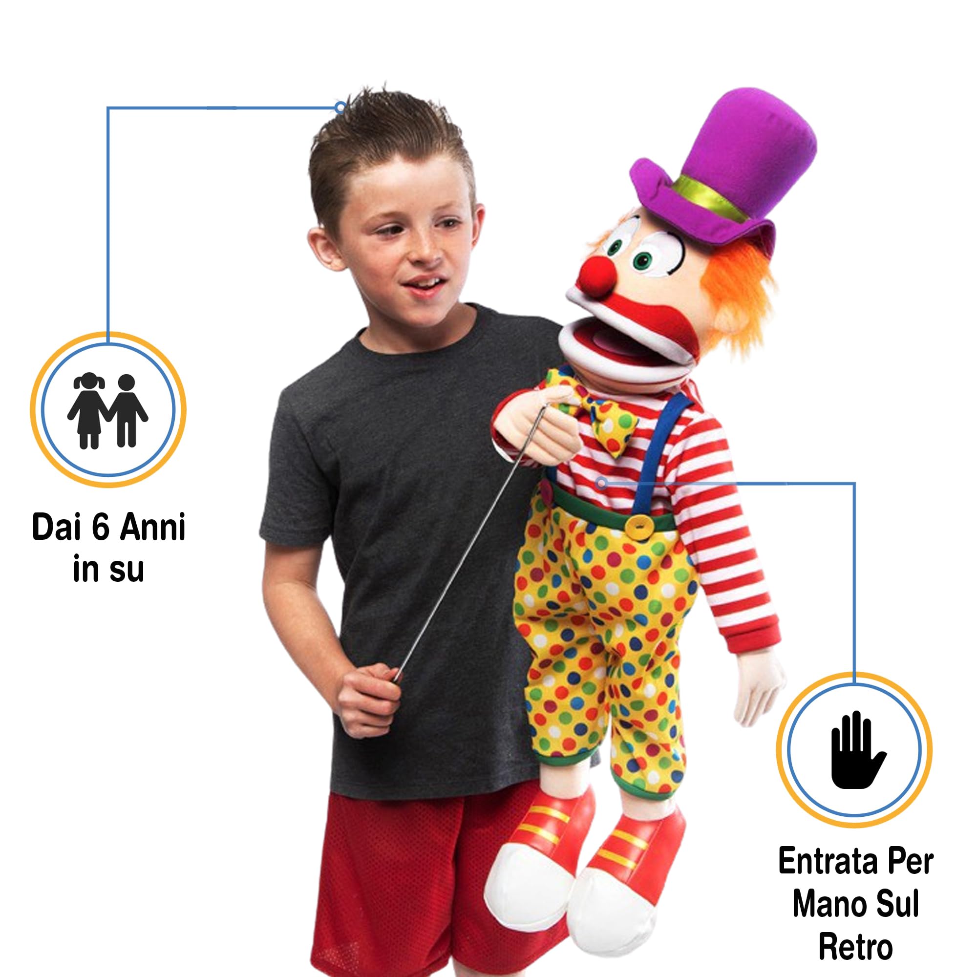 63,5 cm pagliaccio con cappello, corpo intero, burattino stile ventriloquo