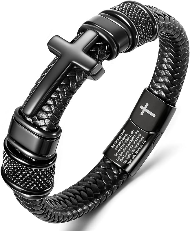 Mens Christian Bracelet, Cross Bracelet for Men, Gifts for Husband Dad Boyfriend Son, Engraved Bible Verse Jewelry, Stainless Steel Cross, Black Braided Leather Bracelets