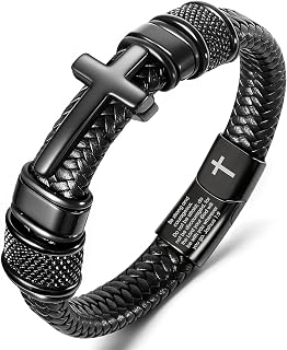 Mens Christian Bracelet, Cross Bracelet for Men, Gifts for Husband Dad Boyfriend Son, Engraved Bible Verse Jewelry, Stainless Steel Cross, Black Braided Leather Bracelets