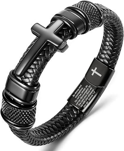 Mens Christian Bracelet, Cross Bracelet for Men, Gifts for Husband Dad Boyfriend Son, Engraved Bible Verse Jewelry, Stainless Steel Cross, Black Braided Leather Bracelets (ASIN B0G8J1KFXC), rank #9 by monthly sales volume for 'Cross Bracelet For Men' on Amazon