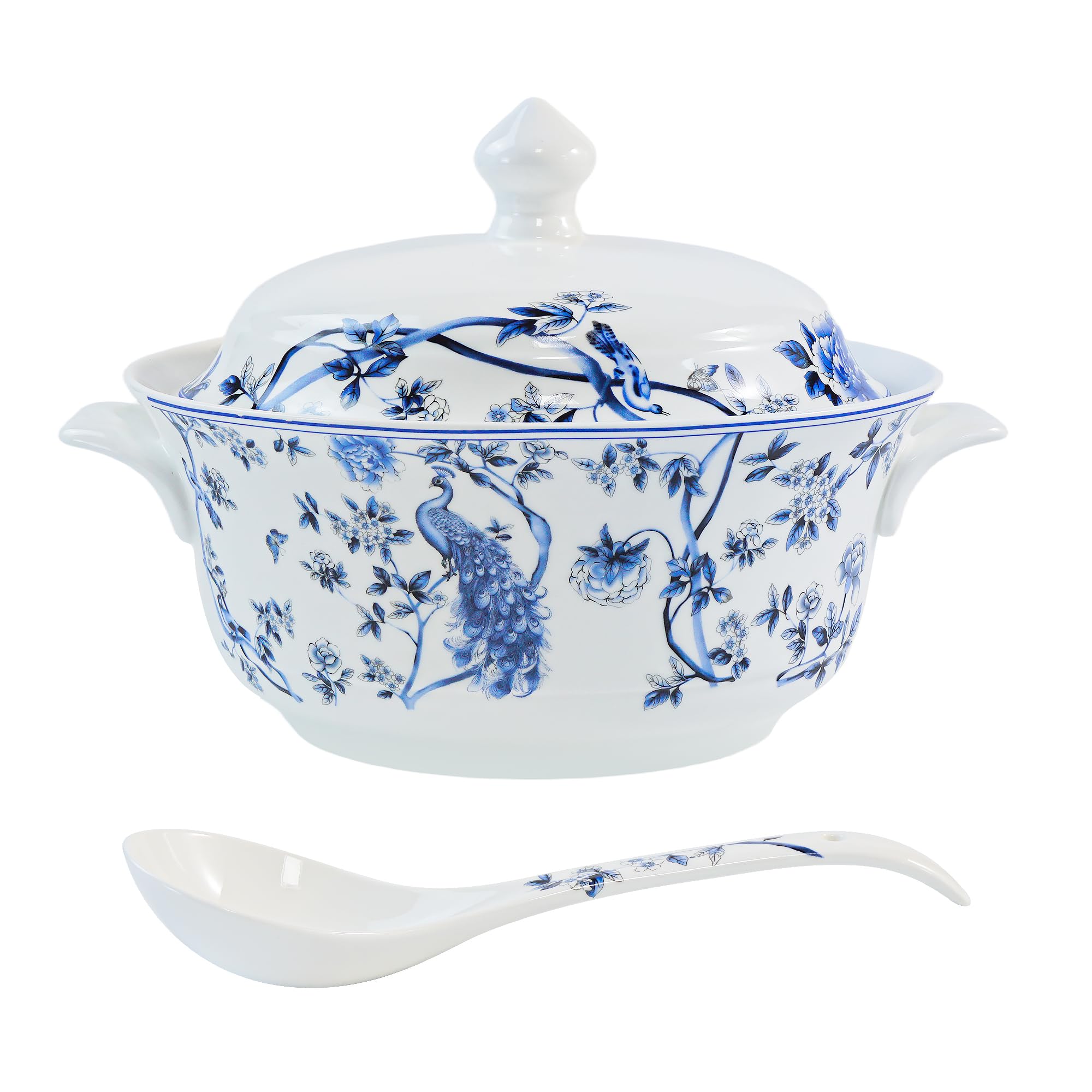 Keramik-Suppentreene mit Deckel und Löffel, Porzellan-Suppen-Servierschalen mit Griffen für Küche, Unterhaltung, Party, blaue Blumen und Tiermuster, 2,5 l, mikrowellen- und spülmaschinenfest
