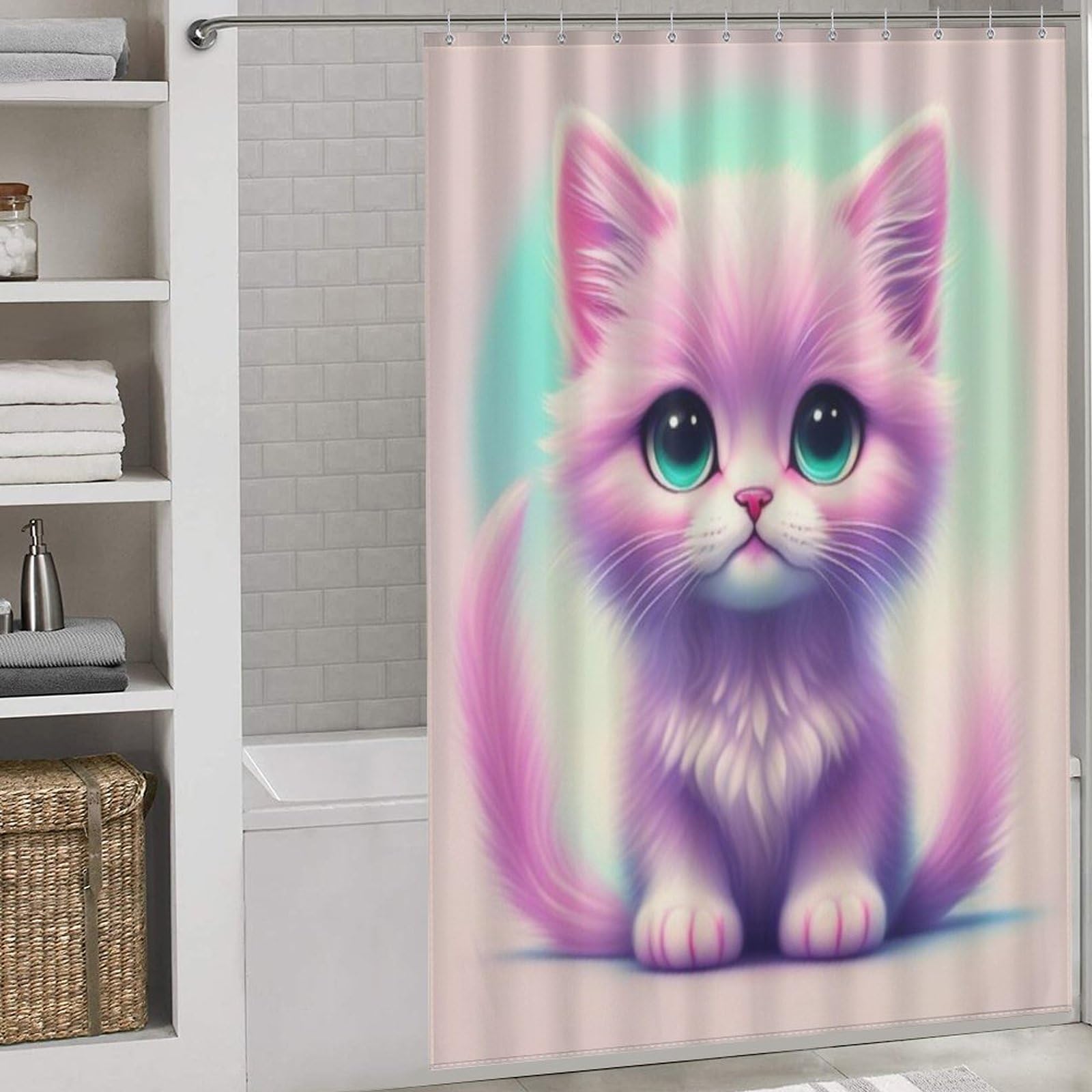 Rideau de douche chat mignon 152x183 cm en polyester lavable pour baignoire