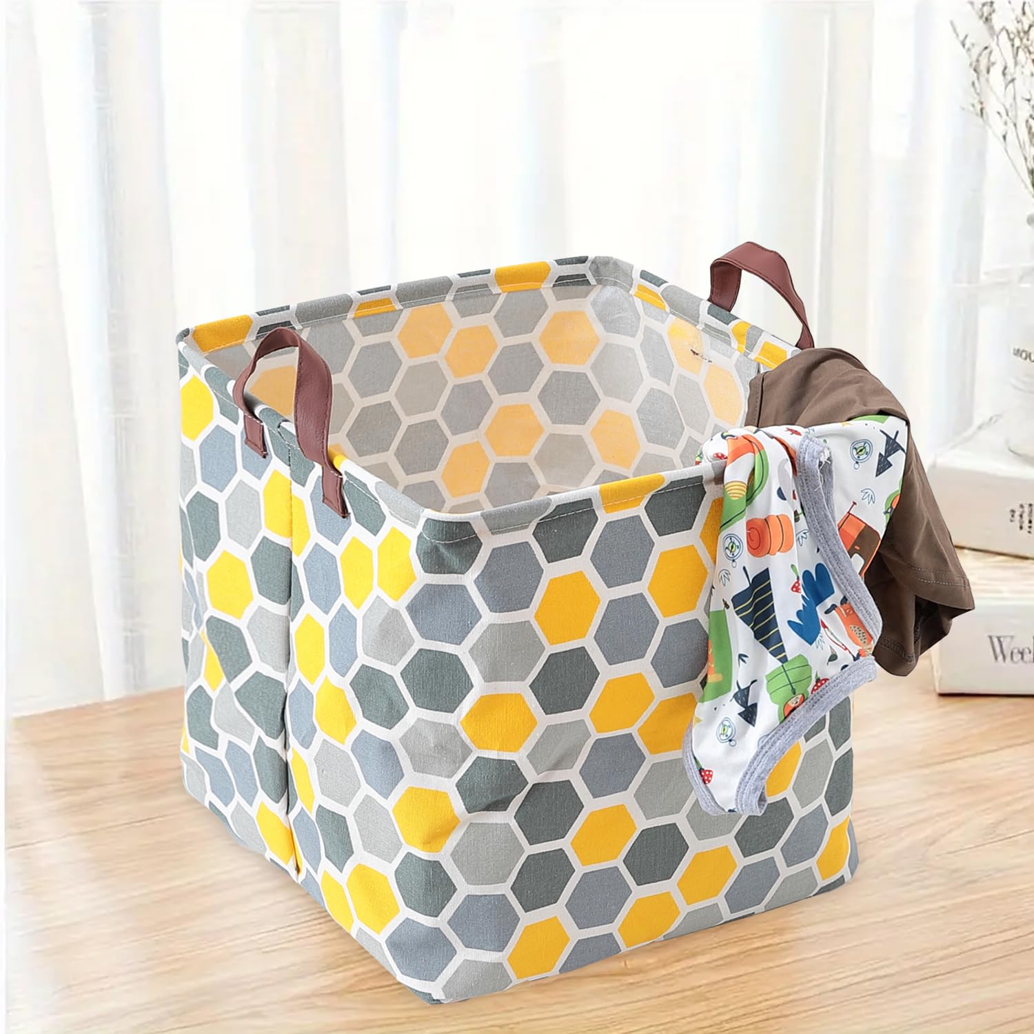 Kuber Industries Multi Color Foldable Storage Basket|Square Toy Storage Bin|Side Grab Handle|Wardrobe, Closet Organizer (Multi)