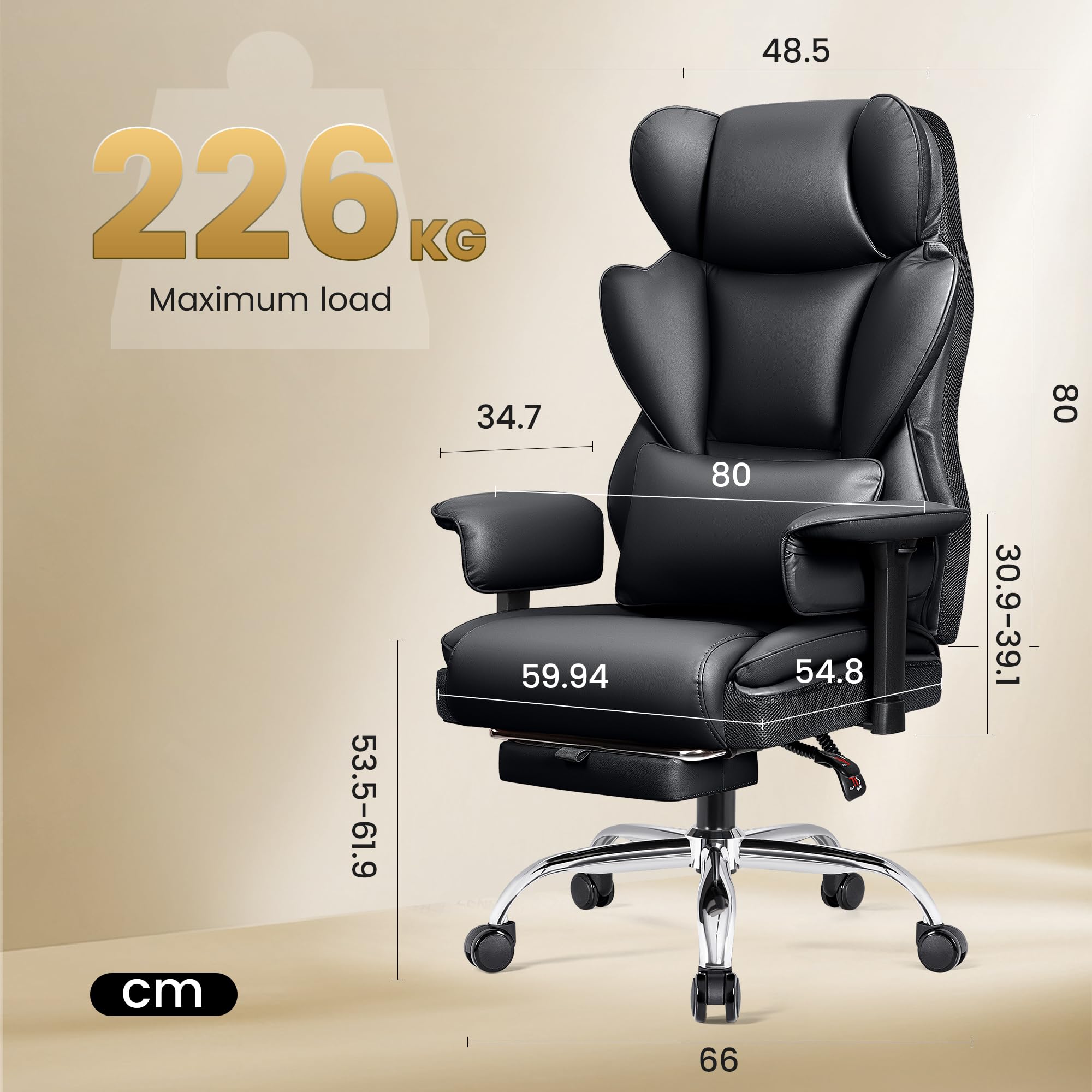 Chefsessel Breit, Ergonomisch Bürostuhl mit Fußstütze 165° verstellbare Rückenlehne Home Office Stuhl Kunstleder 150-200KG, Schwarz