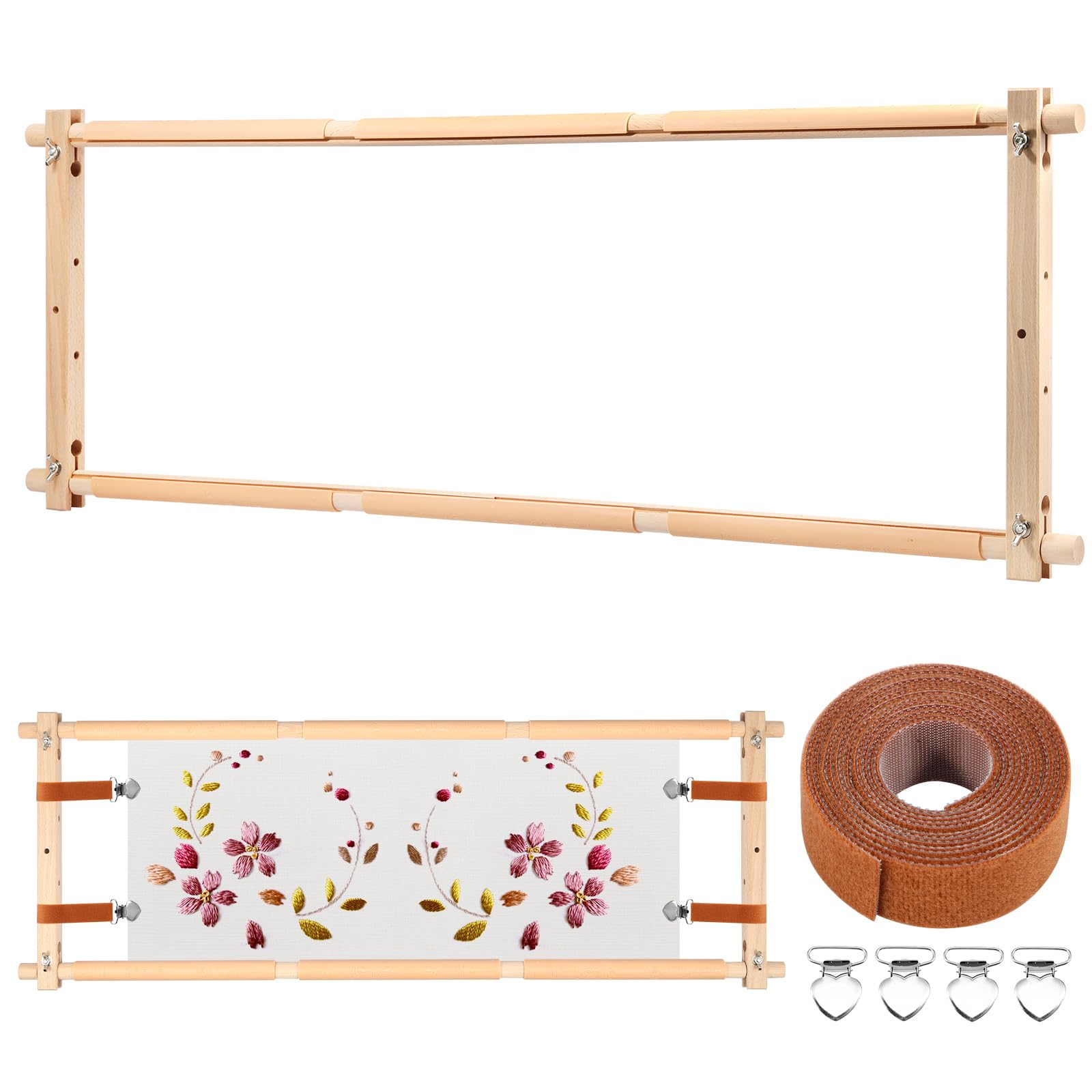 Alongen Wood Color Embroidery Frame, Wooden Cross Stitch Frame Rotated Needlepoint Embroidery Tapestry Scroll Adjustable Needlepoint Stretcher For Craft Sewing Diy Art Craft Cross-Stitch(33X12)