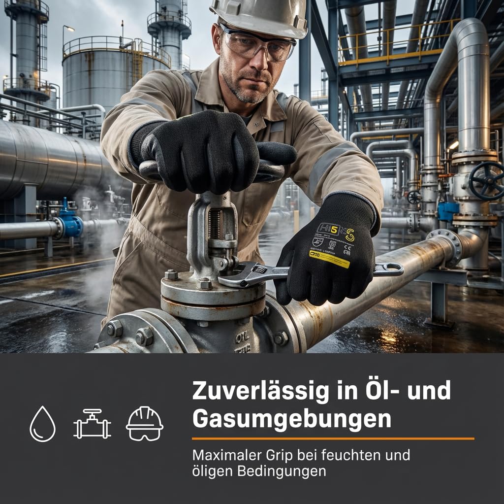 Hi5 X-Super S Arbeitshandschuhe 4121X – 13G Polyester – sandig-raue Nitrilbeschichtung – hoher Nass- & Öl-Grip – EN 388 – schwarz (L, 120, stück)