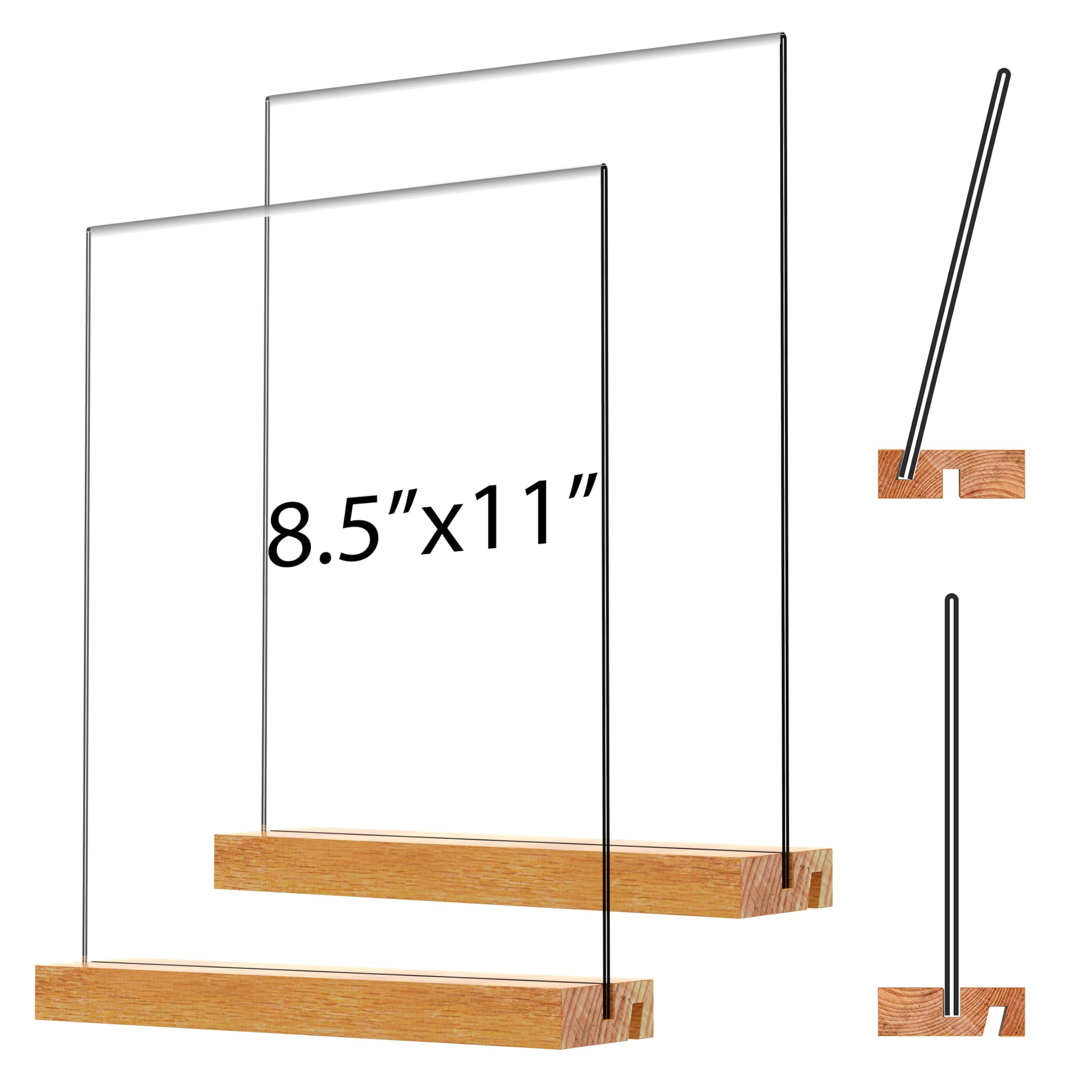 JDEA Acrylic Sign Holder with Wood Base 8.5x11 Inch Vertical and Slant Displays (2 Pack 8.5*11")
