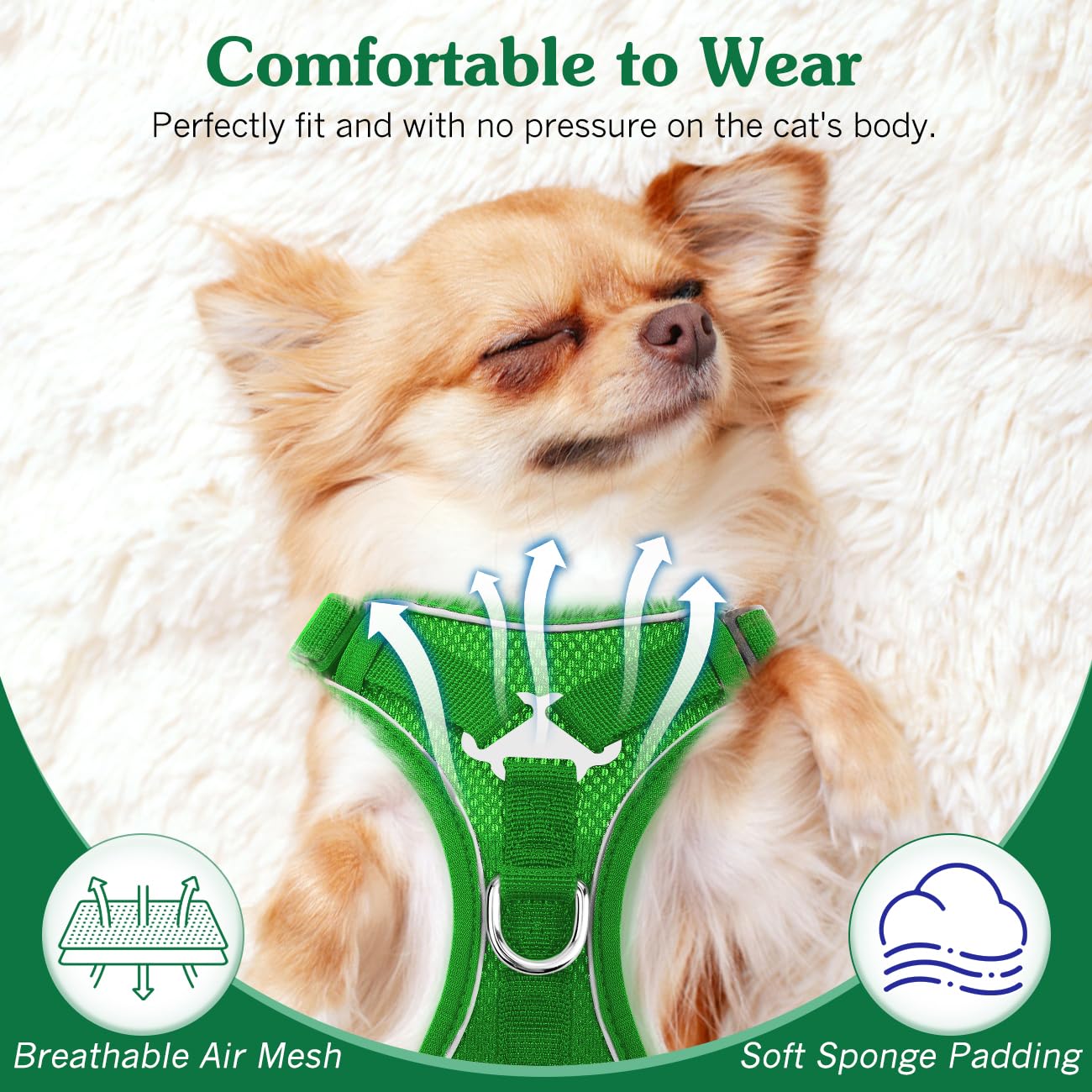 VavoPaw Pettorina per Cani con Guinzaglio da 1,5M, Imbracatura per Gatti Antifuga con Rete Traspirante e Strisce Riflettenti, Gilet Morbido e Regolabile per Cani Gatti, L, Verde Medio
